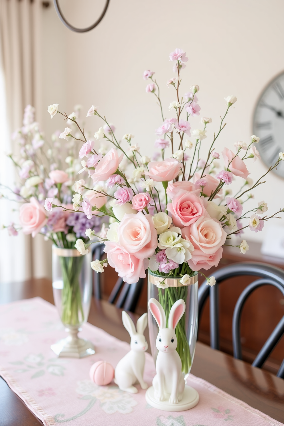 Floral arrangements in pastel colors create a soft and inviting atmosphere. Delicate blooms in shades of pink, lavender, and mint are artfully arranged in elegant vases, enhancing the charm of the space. Small space Easter decorating ideas focus on maximizing impact with minimal clutter. Use whimsical accents like bunny figurines and pastel-hued table runners to bring festive cheer without overwhelming the area.