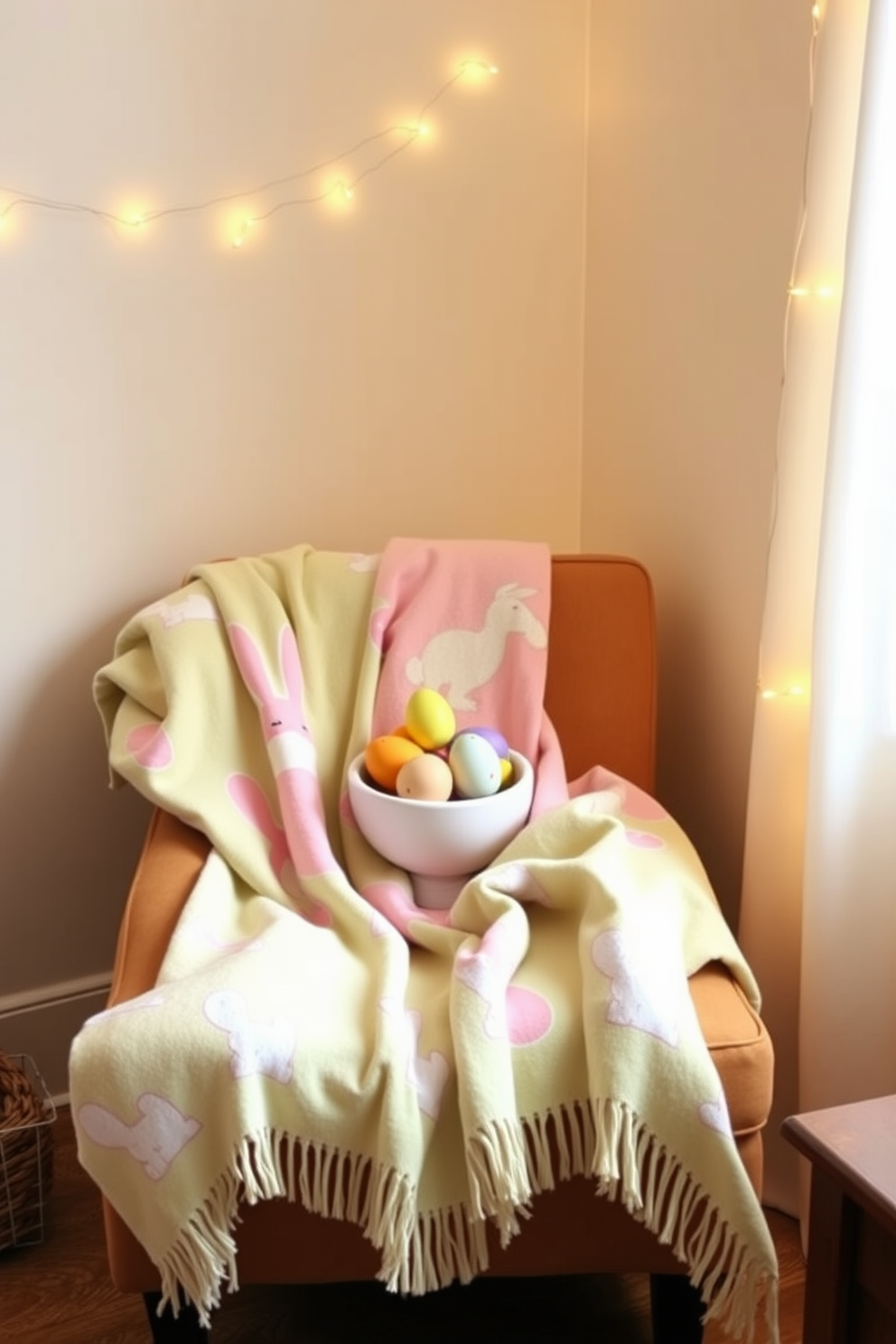 Easter-themed throw blankets in pastel colors draped over a cozy armchair. The blankets feature playful bunny and egg patterns, adding a festive touch to the warm and inviting atmosphere. Small space Easter decorating ideas include a charming centerpiece with colorful eggs arranged in a decorative bowl. Delicate string lights can be hung across the wall to create a whimsical and cheerful ambiance.