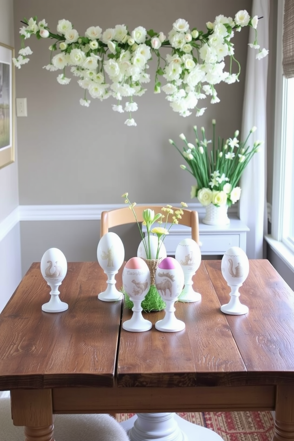 Decorative egg cups arranged on a rustic wooden table create a charming centerpiece for your Easter celebration. Each egg cup features intricate designs in pastel colors, complementing the seasonal theme while adding a touch of elegance. In a cozy nook, small space Easter decorating ideas include hanging delicate garlands of faux flowers above a compact dining table. A few strategically placed decorative egg cups on the table enhance the festive atmosphere without overwhelming the limited space.