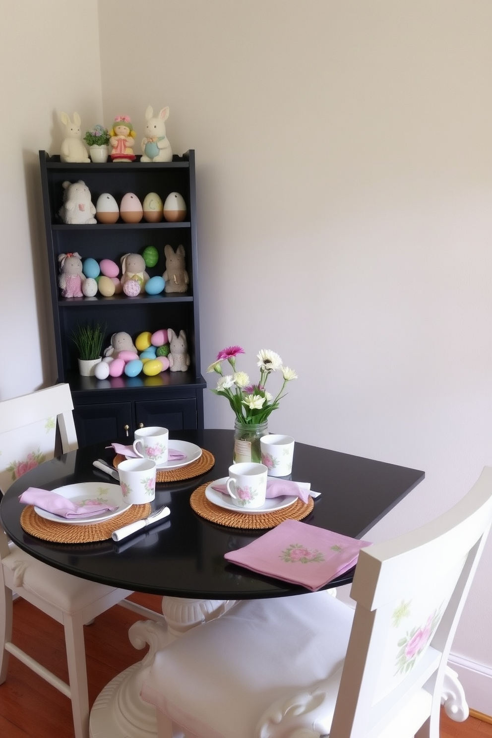 A charming small dining area adorned with a mix of Easter-themed dishware. The table is set with pastel-colored plates featuring floral patterns, complemented by matching cups and napkins in soft hues. In the corner, a decorative shelf displays an assortment of colorful Easter eggs and bunnies. The walls are painted in a light, airy color, and a small vase with fresh spring flowers adds a touch of vibrancy to the space.