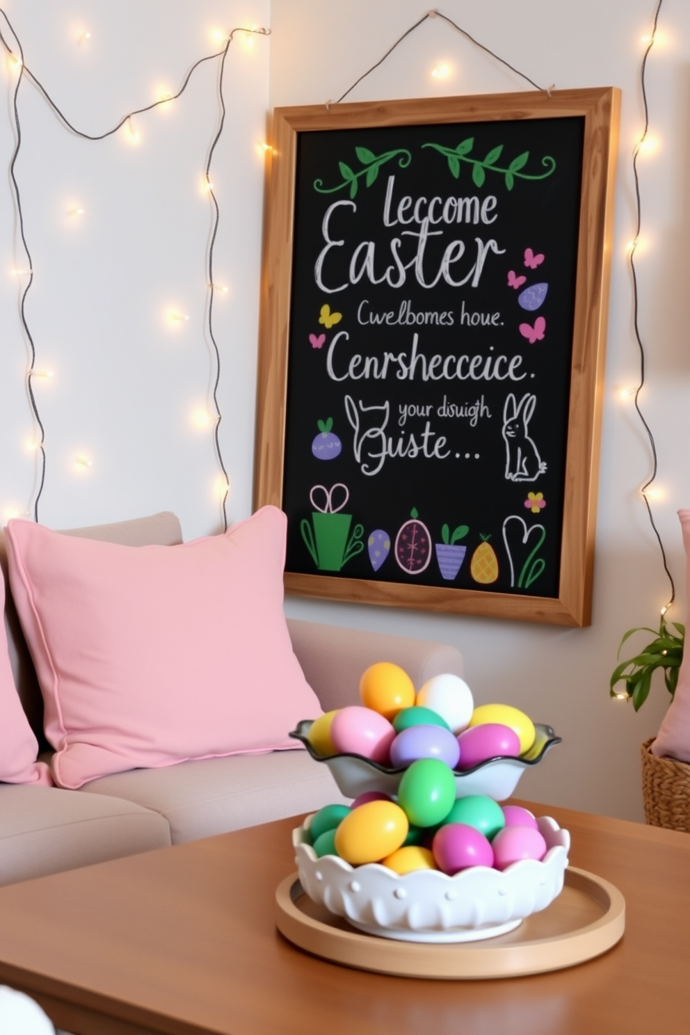 A charming Easter-themed chalkboard sign welcomes guests with handwritten greetings and colorful illustrations of eggs and bunnies. The sign is framed with a rustic wooden border, adding a touch of warmth to the festive decor. In a cozy living space, small space Easter decorating ideas include pastel-colored cushions and a decorative bowl filled with vibrant eggs on a coffee table. Delicate string lights are draped along the walls, creating a whimsical atmosphere perfect for the holiday.