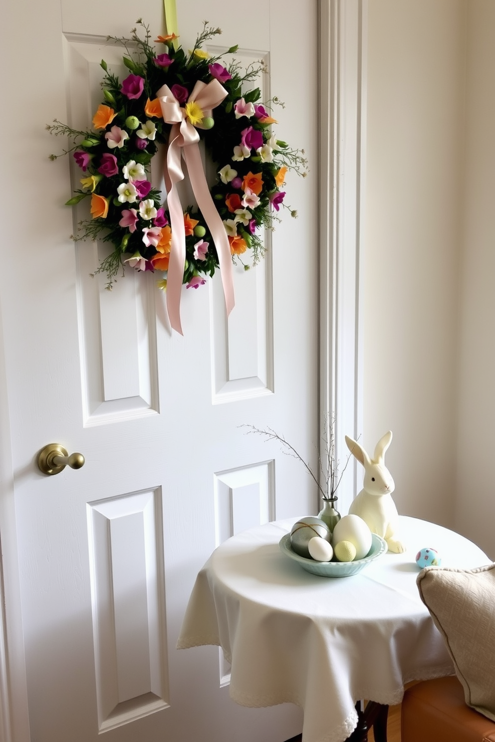 A vibrant springtime wreath adorned with colorful flowers and greenery is hung on a white interior door, bringing a cheerful touch to the entryway. The wreath features pastel tones and delicate ribbons, creating a welcoming atmosphere for guests. In a small living space, Easter decorations are thoughtfully arranged to maximize style without clutter. A small table is set with a pastel tablecloth, featuring a centerpiece of decorative eggs and a bunny figurine, complemented by subtle seasonal accents.