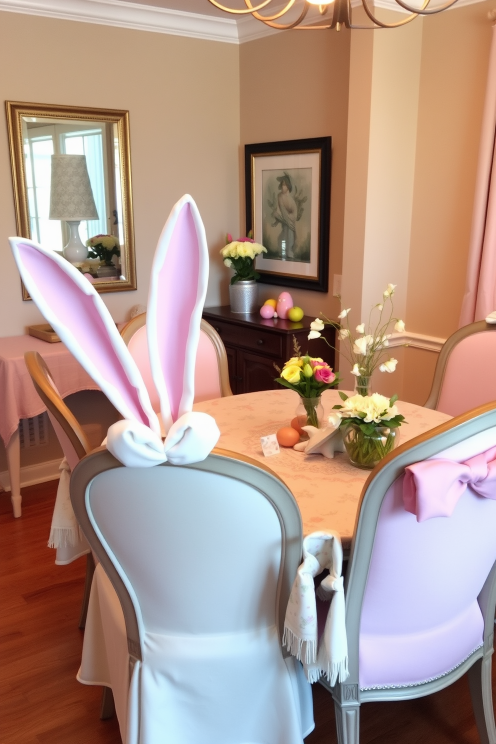 Easter themed wall decals featuring colorful eggs and playful bunnies are arranged in a whimsical pattern across a pastel colored wall. The decals add a festive touch to the room, creating a cheerful atmosphere perfect for celebrating the holiday. For small space Easter decorating ideas, a compact dining table is adorned with a vibrant tablecloth and a centerpiece of fresh spring flowers. Surrounding the table, minimalistic chairs are decorated with small wreaths made of twigs and faux eggs, enhancing the seasonal charm without overwhelming the space.