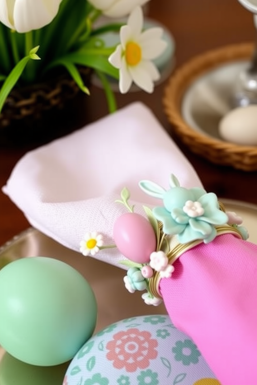 Easter themed napkin rings designed for elegance. The rings are adorned with delicate pastel colors and floral motifs, perfect for enhancing a festive table setting. Small space Easter decorating ideas that maximize charm. Incorporate whimsical elements like miniature bunnies and colorful eggs to create a joyful atmosphere without overwhelming the space.