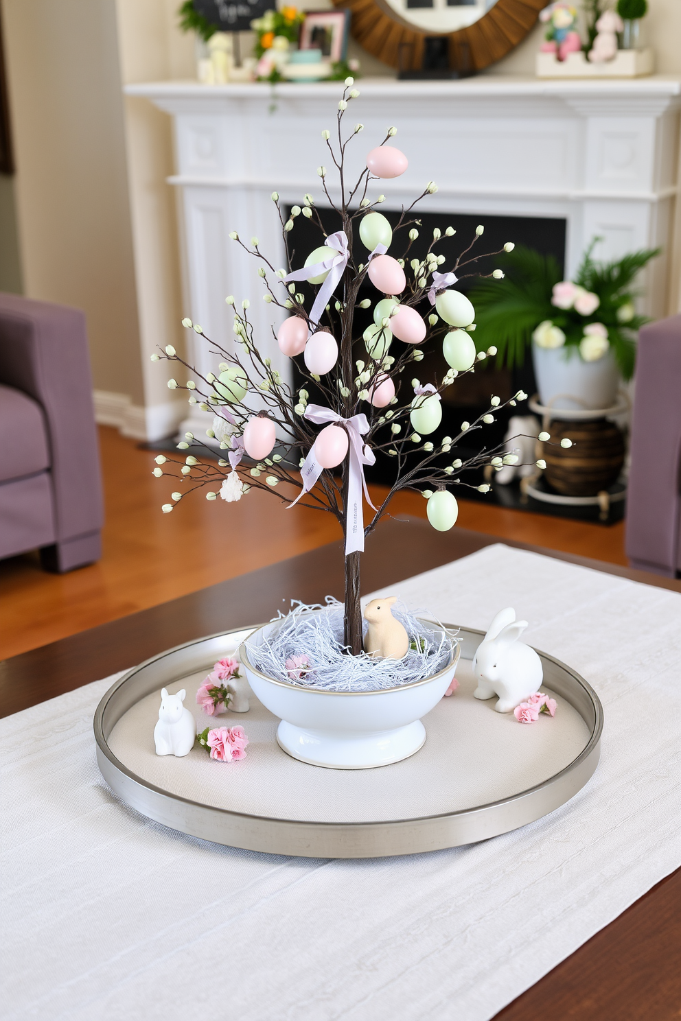 A charming miniature Easter tree is elegantly displayed on a coffee table. The tree is adorned with pastel-colored eggs and delicate ribbons, creating a festive focal point. Surrounding the tree, small decorative items like bunnies and spring flowers enhance the cheerful atmosphere. The coffee table itself is styled with a light linen runner, adding a touch of softness to the decor.