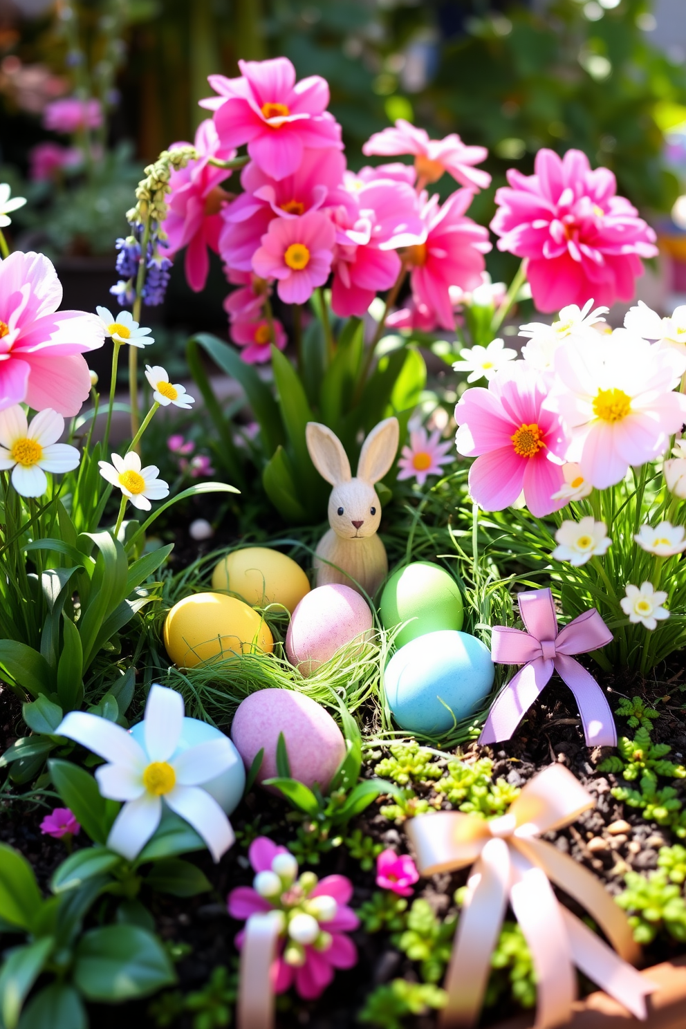 A charming miniature garden filled with vibrant Easter decorations. Colorful eggs are nestled among blooming flowers and lush greenery, creating a festive and inviting atmosphere. The garden features a small wooden bunny figurine and pastel-colored ribbons adorning the plants. Soft sunlight filters through, highlighting the cheerful decorations and enhancing the springtime vibe.