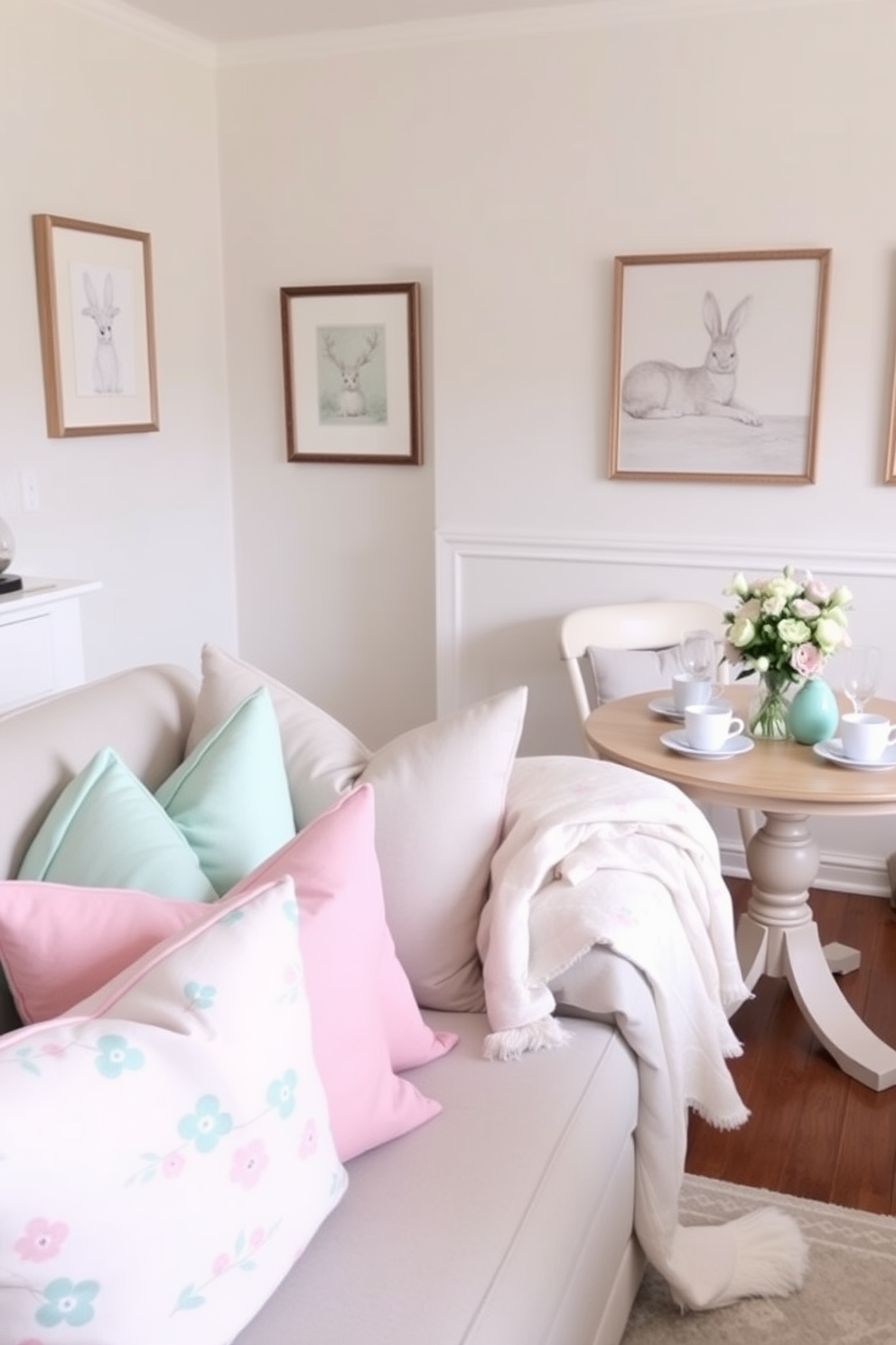 A cozy living room adorned with pastel colored throw pillows in soft hues of pink, mint green, and lavender. The pillows are arranged on a light gray sofa, complementing a delicate floral throw blanket draped over the armrest. A small dining nook features a round table set for an Easter brunch, decorated with pastel colored tableware and a centerpiece of fresh flowers. The walls are adorned with subtle spring-themed artwork, creating a cheerful and inviting atmosphere.