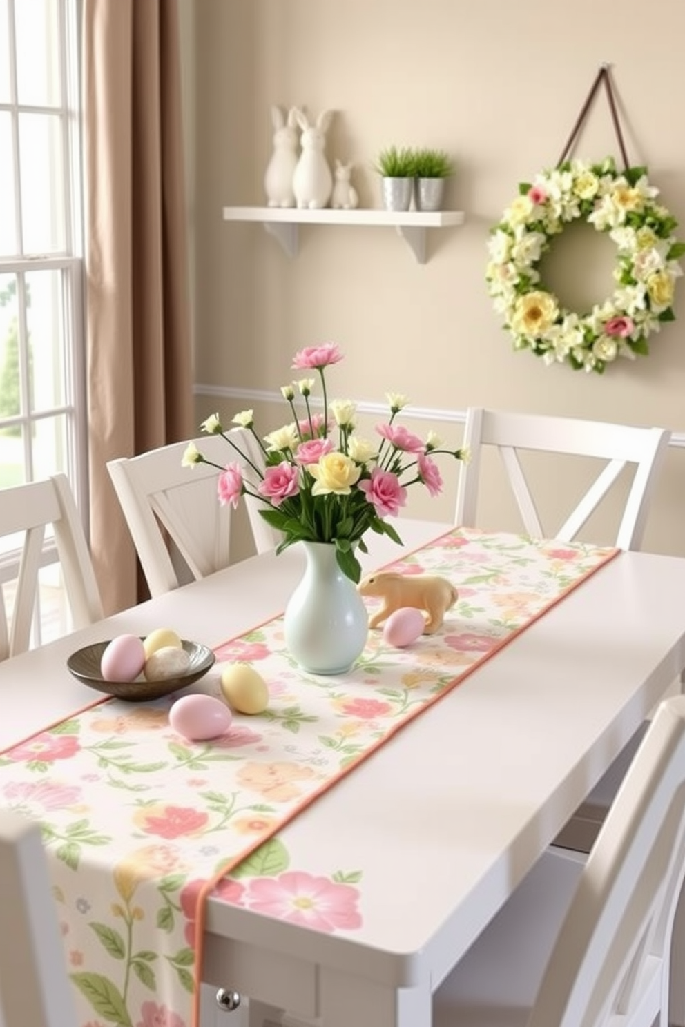 A beautifully designed dining table adorned with a vibrant Easter-themed table runner featuring pastel colors and floral patterns. On the table, there are decorative eggs and a centerpiece of fresh spring flowers in a charming vase. Creative small space Easter decorating ideas that incorporate light pastel colors and playful bunny motifs. Utilize wall-mounted shelves for displaying Easter decorations and hang a wreath made of faux flowers on the door for a festive touch.