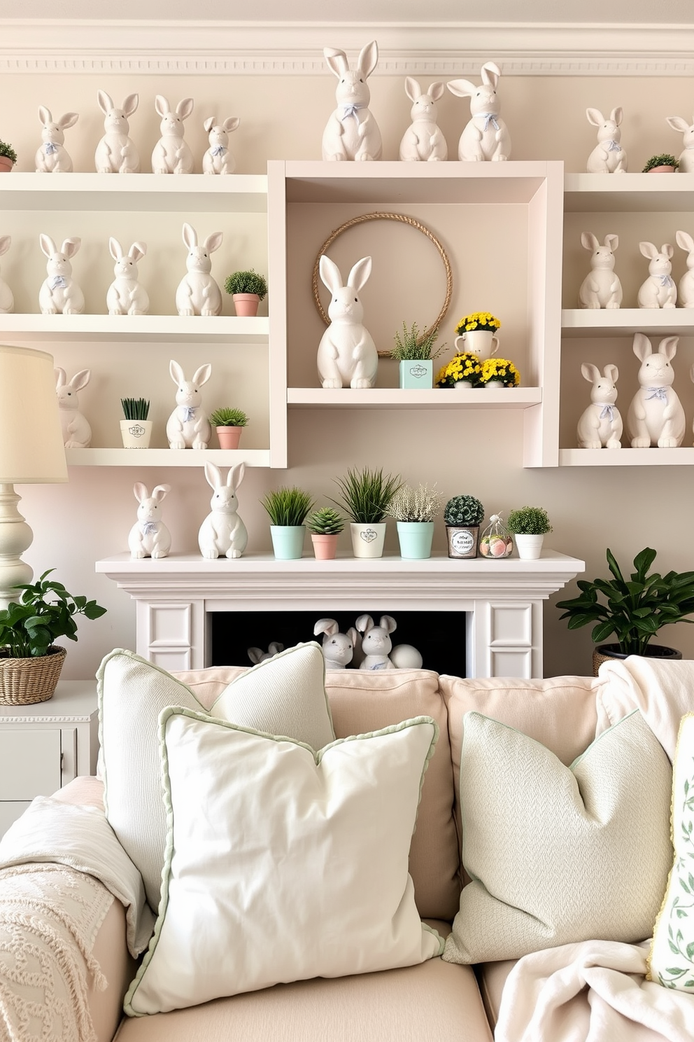 A charming display of decorative bunny figurines arranged on various shelves throughout a cozy living room. The shelves are painted in soft pastel colors, creating a cheerful and inviting atmosphere perfect for Easter celebrations. Incorporate small potted plants alongside the bunnies to add a touch of greenery and freshness. Use lightweight fabrics for throw pillows and blankets in light hues to enhance the festive spring vibe in the space.