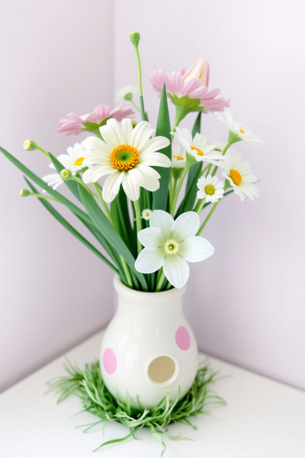 A vibrant table runner adorned with intricate floral patterns stretches across a sleek dining table. Surrounding the table are mismatched chairs, each painted in a different pastel hue, creating a cheerful and inviting atmosphere. For Easter, the small space is decorated with whimsical touches, including hanging paper eggs and a miniature bunny centerpiece. Fresh spring flowers in a variety of colors are arranged in a small vase, adding a lively pop of color to the setting.