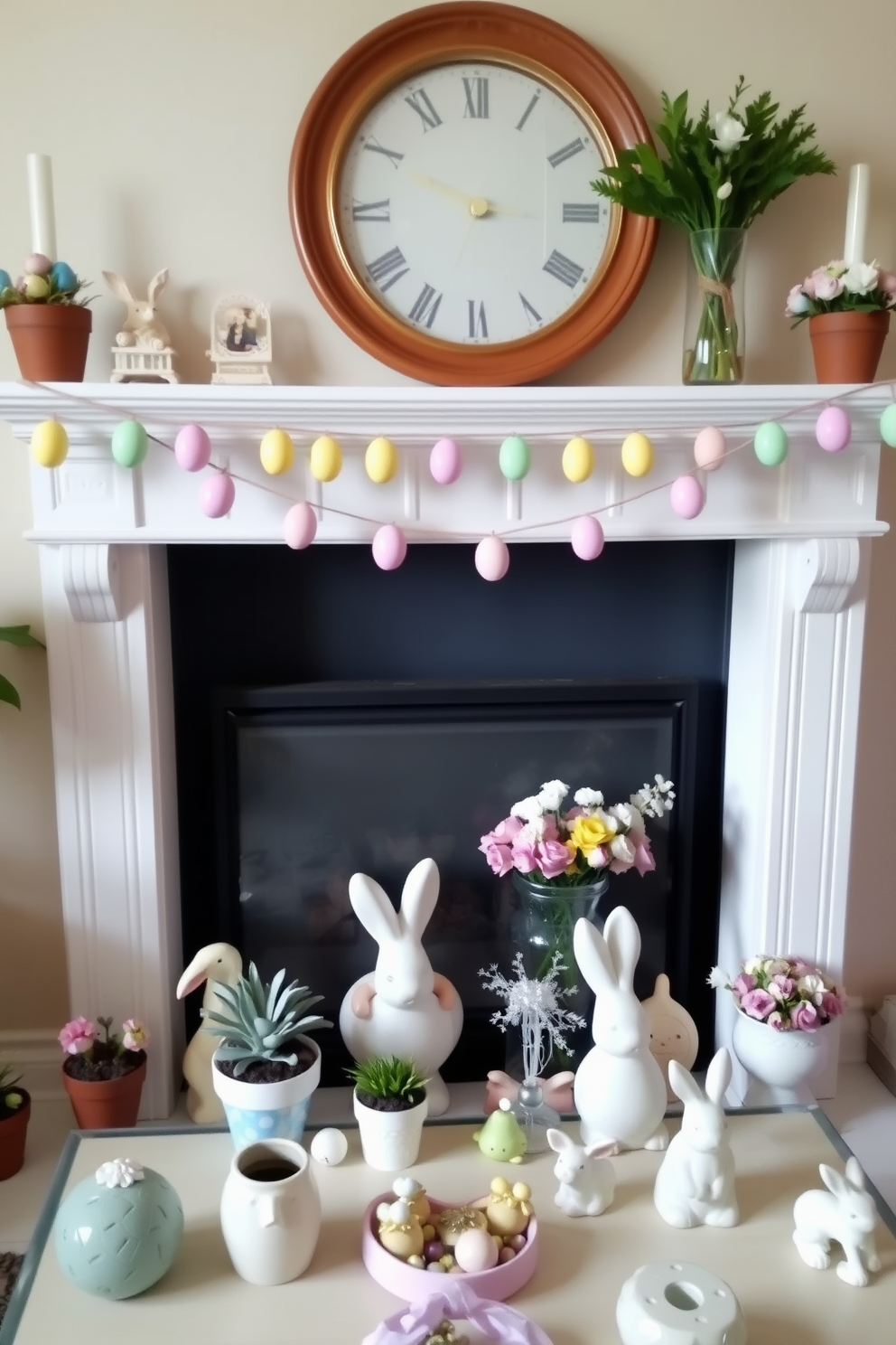 A charming mantelpiece adorned with a colorful Easter egg garland stretches across the top, bringing a festive touch to the room. Below the garland, a collection of small potted plants and pastel-colored decorative items create a cozy and inviting atmosphere for Easter celebrations. In a compact living space, whimsical Easter decorations are thoughtfully arranged to maximize style without overwhelming the area. Delicate touches like bunny figurines and seasonal floral arrangements add a playful yet elegant flair to the small space.