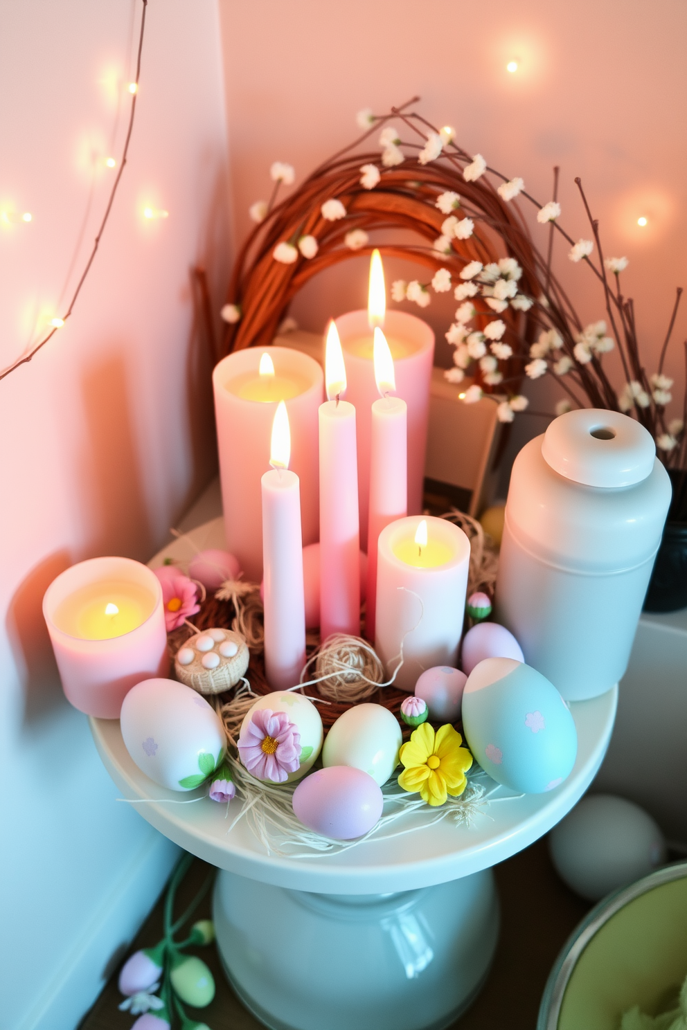 A cozy corner adorned with candles in pastel colors creating a warm ambiance. The soft glow of the candles complements the delicate Easter decorations scattered throughout the small space. A charming arrangement featuring pastel-colored candles on a small table. Surrounding the candles are whimsical Easter-themed accents like painted eggs and spring flowers, enhancing the festive atmosphere.