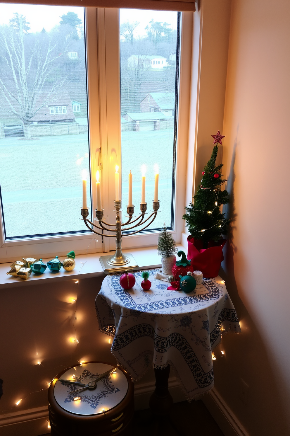 A festive menorah is elegantly displayed on a bright windowsill, casting a warm glow as candles are lit. Surrounding the menorah, small decorative elements like dreidels and festive ornaments create a cheerful atmosphere perfect for Hanukkah celebrations. In this cozy corner, a compact table is adorned with a tablecloth featuring traditional patterns, enhancing the festive spirit. Soft lighting from nearby fairy lights adds a touch of magic, making the small space feel inviting and celebratory.