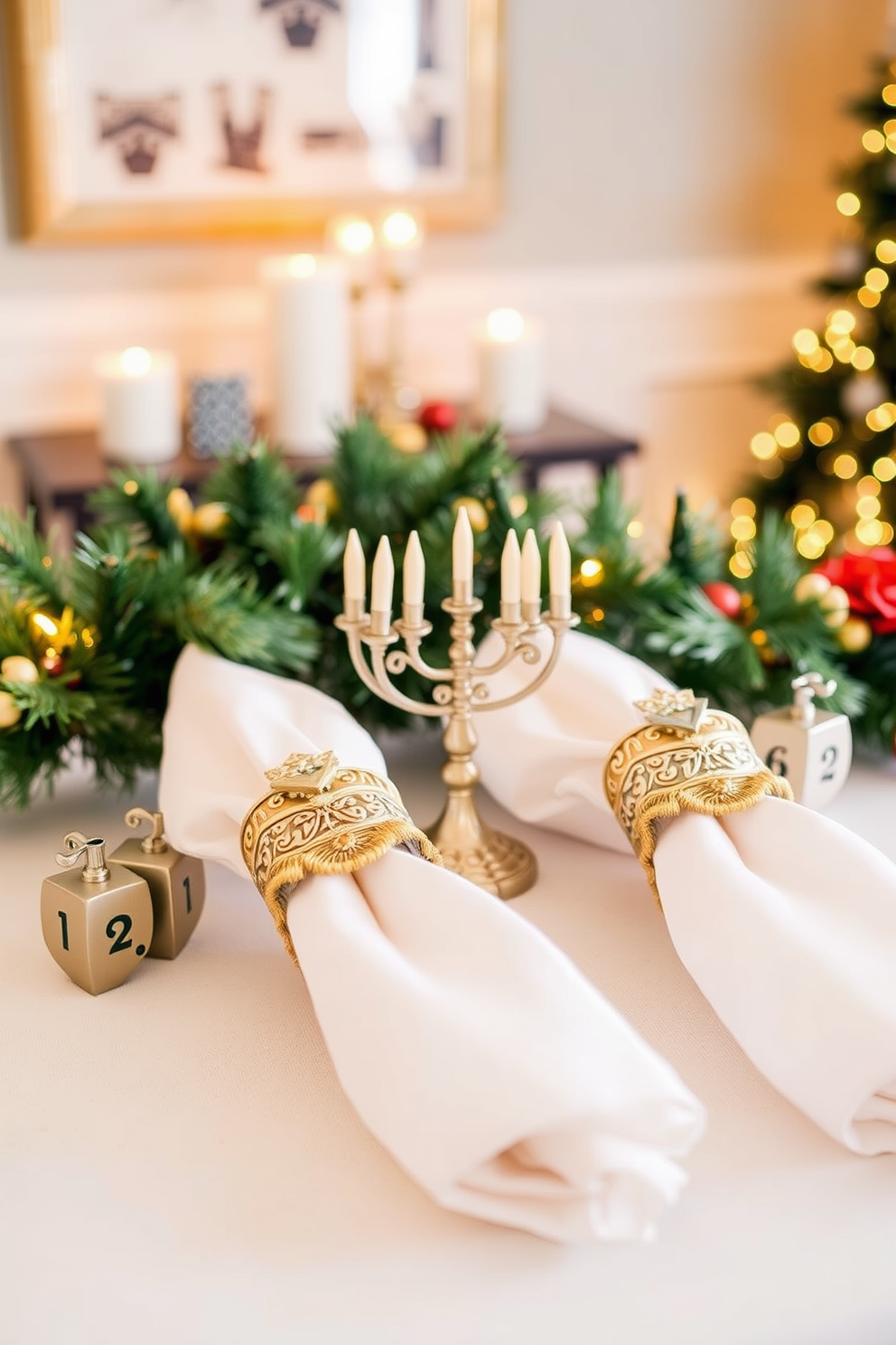 A cozy corner adorned with candles in elegant glass holders casting a warm glow throughout the room. The soft flicker of the flames creates an inviting atmosphere perfect for intimate gatherings. In a small space, festive decorations are thoughtfully arranged to celebrate Hanukkah. A beautifully draped table features a menorah surrounded by delicate ornaments, enhancing the holiday spirit without overwhelming the area.