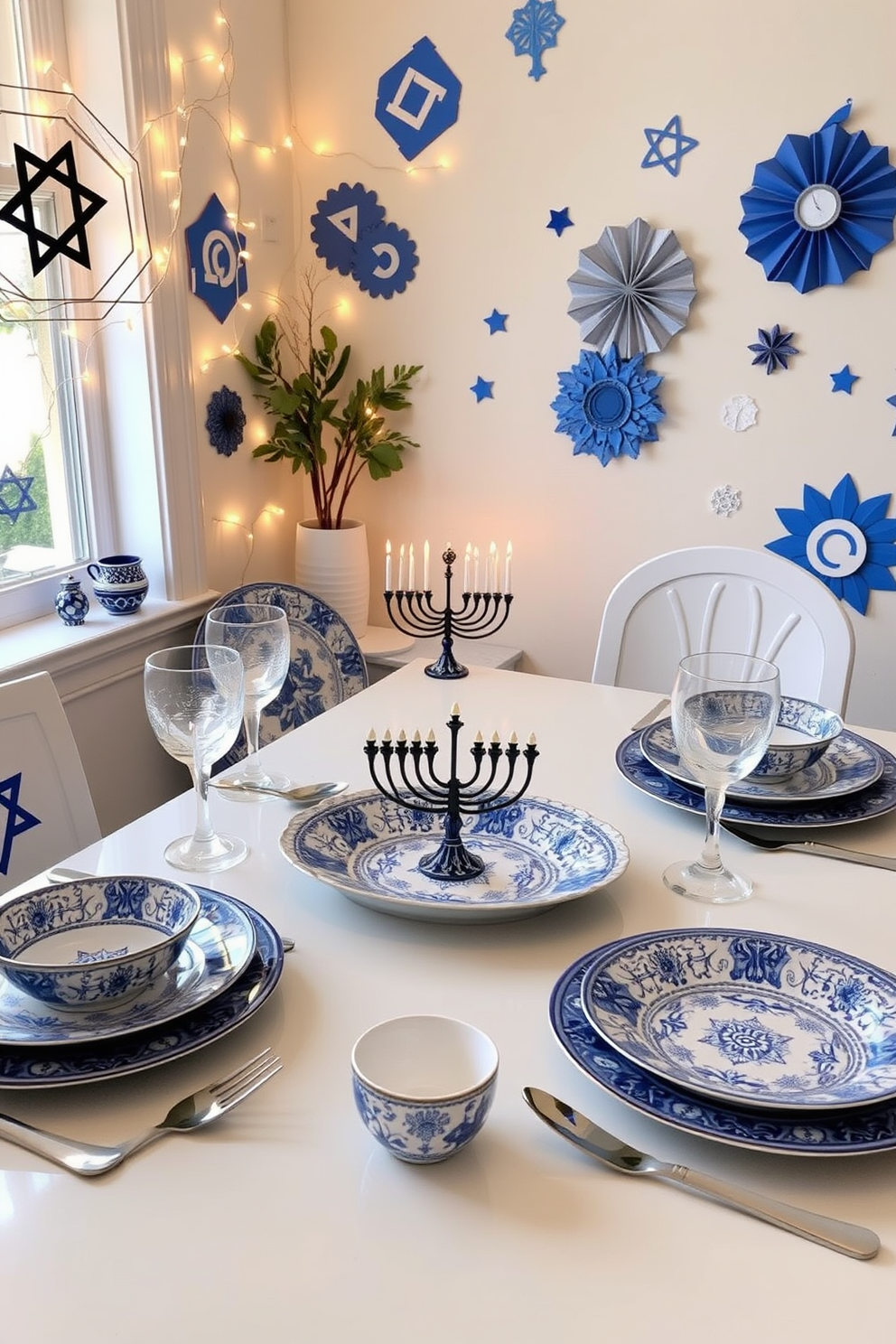 A beautifully arranged table setting featuring Hanukkah-themed dishware with intricate blue and white designs. The dishware includes a menorah-shaped platter, matching plates, and elegant glassware, all set against a backdrop of festive decorations. A cozy small space adorned with twinkling fairy lights and a small menorah on a window sill. The walls are decorated with paper dreidels and blue and silver accents, creating a warm and inviting atmosphere for the celebration.