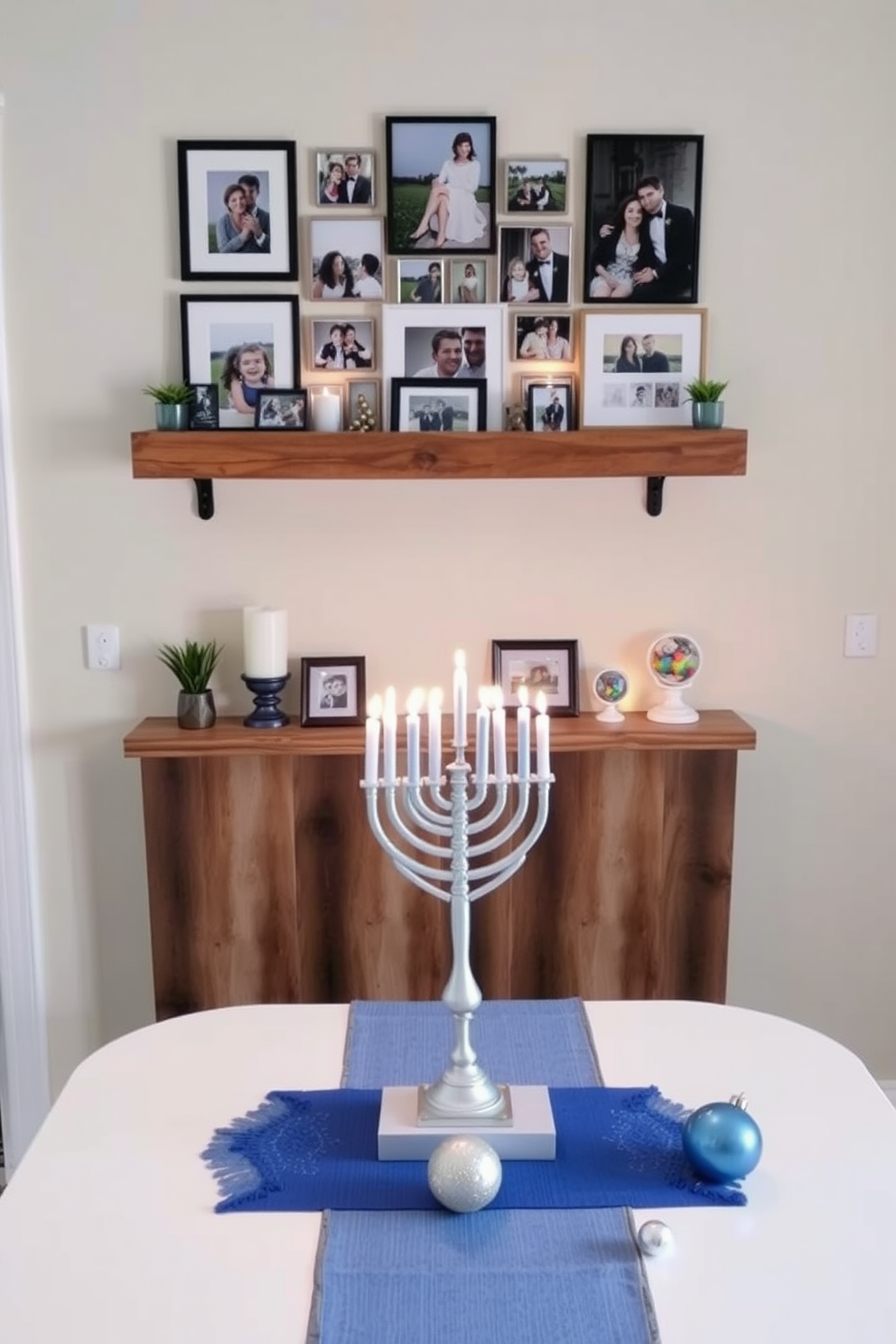 A charming DIY photo display showcasing family memories is created using a mix of framed and unframed photographs. The display is arranged on a wall with a rustic wooden shelf, featuring decorative elements like candles and small plants to enhance the warm atmosphere. For small space Hanukkah decorating ideas, a minimalist approach is taken with a beautifully lit menorah placed on a sleek table. The surrounding area is adorned with blue and silver accents, including table runners and ornaments, to create a festive yet uncluttered look.