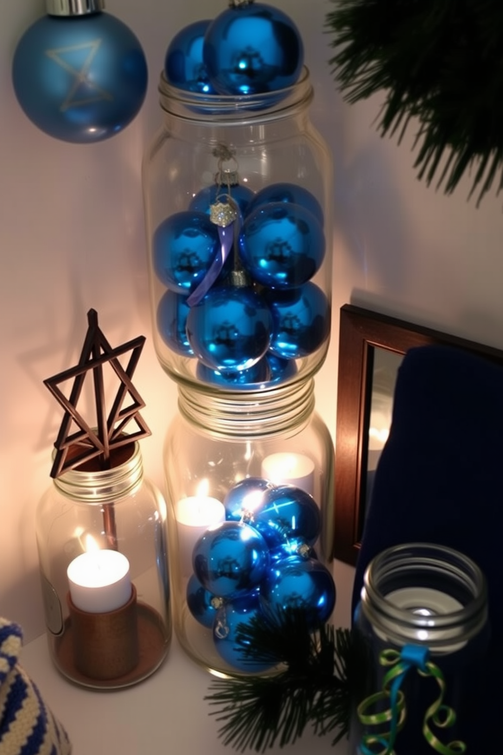 A cozy corner decorated for Hanukkah features glass jars filled with vibrant blue ornaments that catch the light beautifully. The space is adorned with simple yet elegant decorations, creating a festive atmosphere while maximizing the use of limited space.