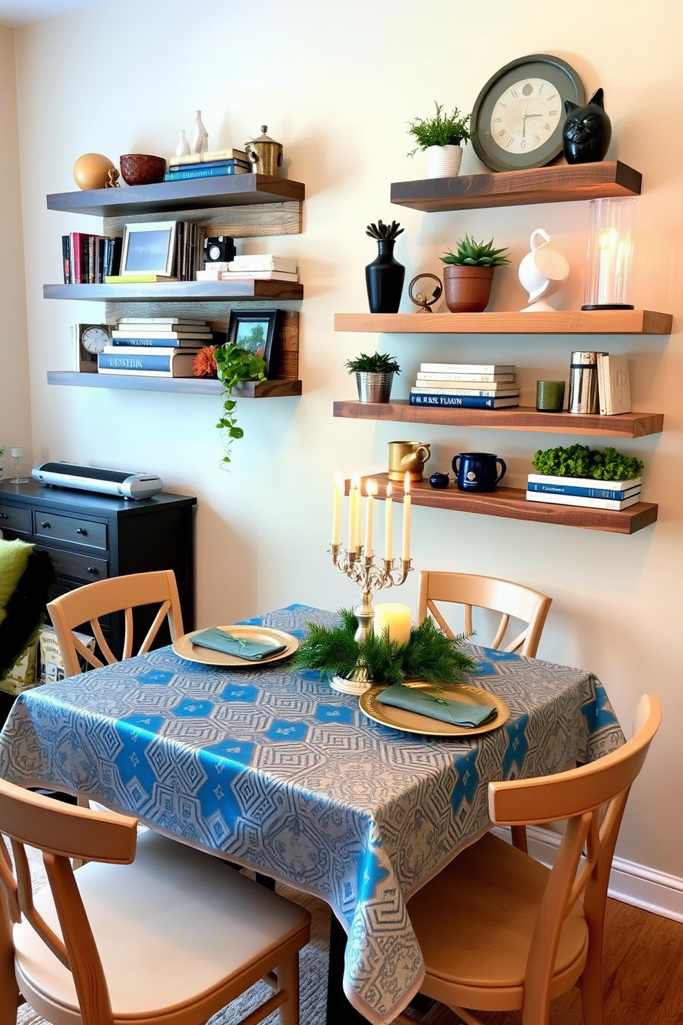 A cozy living room corner featuring wall-mounted shelves made of reclaimed wood. The shelves are adorned with a mix of decorative items, including books, plants, and unique art pieces. For small space Hanukkah decorating ideas, a compact dining table is set with a beautiful blue and silver tablecloth. The table is decorated with a menorah, festive candles, and a small centerpiece of seasonal greenery.