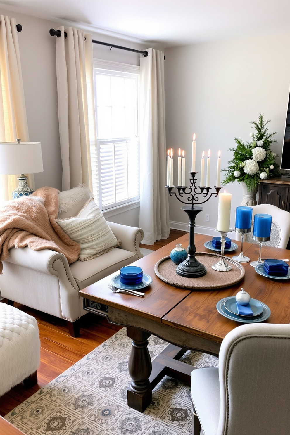 A cozy living room adorned with a soft faux fur throw draped over a plush armchair. The warm tones of the throw complement the neutral palette of the room, creating an inviting atmosphere. A small dining area beautifully decorated for Hanukkah, featuring a menorah as the centerpiece on a rustic wooden table. Surrounding the table are elegant blue and silver accents, enhancing the festive spirit while maintaining a chic aesthetic.