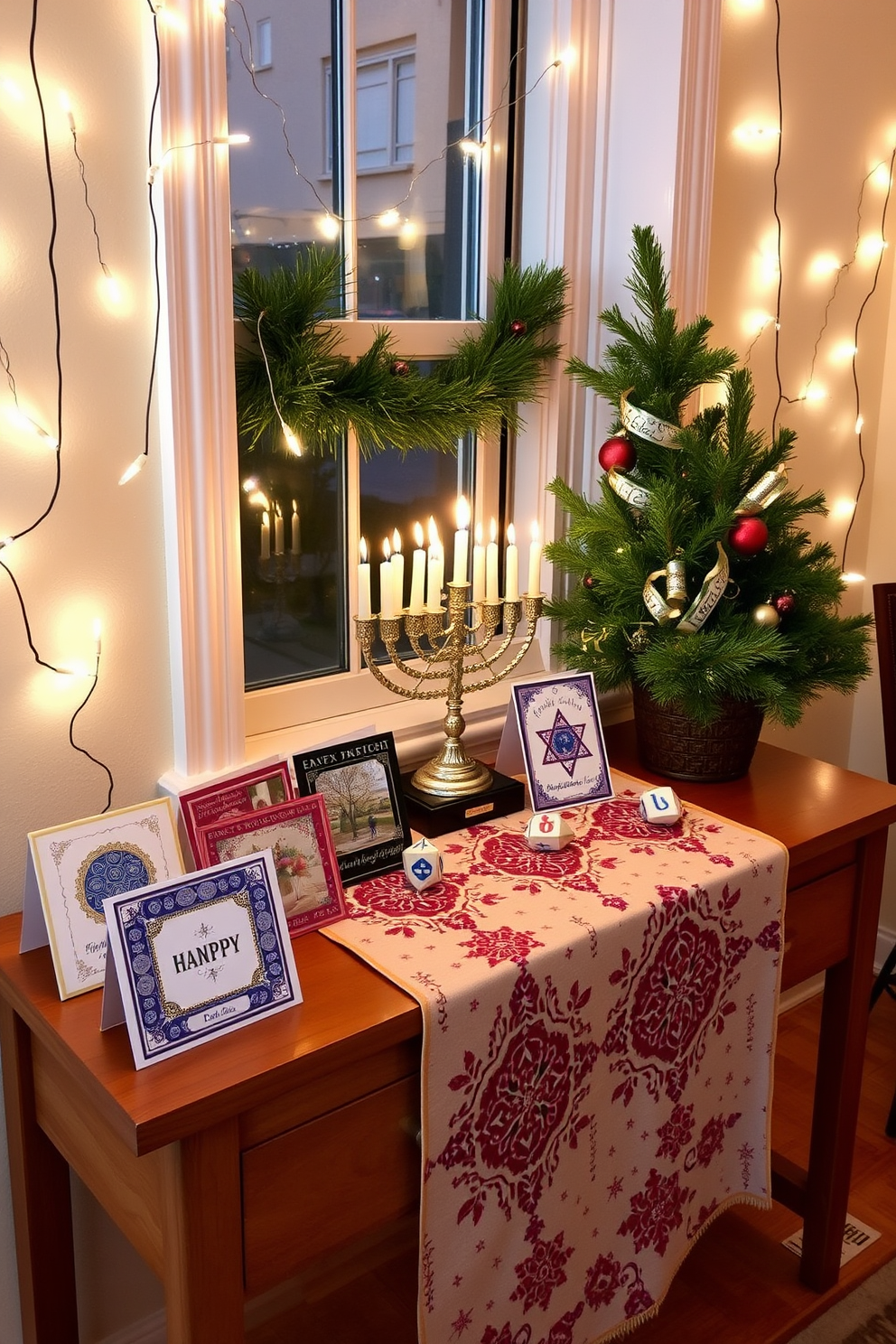 Charming Hanukkah greeting cards are artfully displayed on a wooden console table adorned with a festive table runner. The cards feature intricate designs and vibrant colors, creating a warm and inviting atmosphere for the holiday season. Small space Hanukkah decorating ideas include a beautifully lit menorah placed on a windowsill, surrounded by decorative dreidels. String lights are draped across the walls, adding a touch of sparkle and enhancing the cozy ambiance of the room.