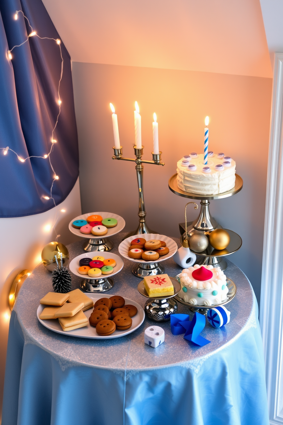 A cozy small table is elegantly set up with an array of holiday treats, including colorful cookies and a festive cake. Surrounding the table are decorative elements like twinkling fairy lights and a cheerful tablecloth in blue and silver hues. The table is adorned with traditional Hanukkah symbols, such as a menorah and dreidels, creating a warm and inviting atmosphere. Soft candlelight flickers, adding a magical touch to the small space, making it perfect for celebrating the holiday.