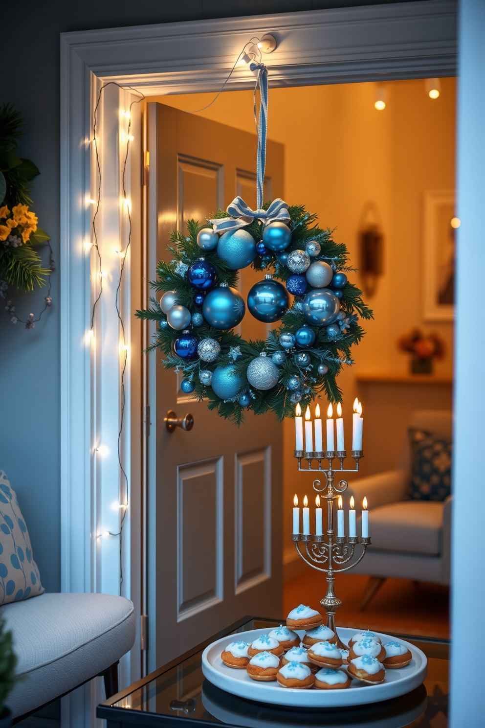 A festive wreath adorned with blue and silver ornaments hangs on the front door, welcoming guests with a cheerful holiday spirit. The wreath is complemented by twinkling fairy lights that add a warm glow to the entrance. Inside the small space, a beautifully decorated menorah sits on a coffee table, surrounded by colorful dreidels and a platter of delicious sufganiyot. Soft blue and white accents throughout the room create a cozy and inviting atmosphere for celebrating Hanukkah.