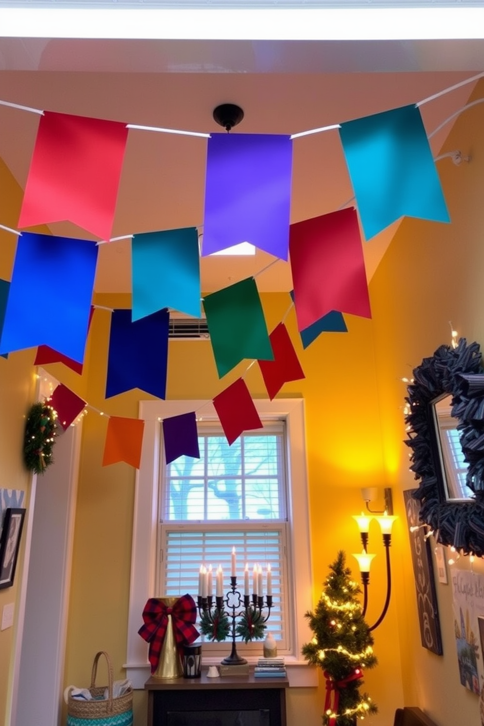 Colorful banners hang gracefully from the ceiling, creating a festive atmosphere. The vibrant colors of the banners complement the warm glow of the holiday lights, enhancing the cozy feel of the space. In this small area, creative decorations are strategically placed to maximize the festive spirit. Each corner features unique touches that celebrate Hanukkah while maintaining an open and inviting layout.