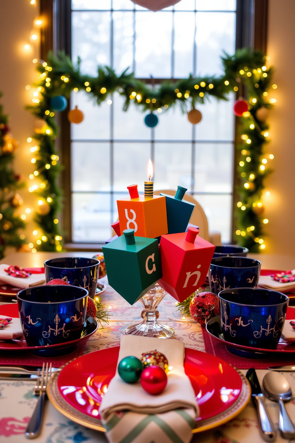 A cozy small space adorned with hanging string lights creates a warm and inviting atmosphere. The lights twinkle softly, illuminating festive decorations that celebrate Hanukkah traditions. Colorful dreidels and menorahs are strategically placed on shelves, adding a touch of joy to the decor. A small table is set with a beautiful blue and white tablecloth, featuring traditional treats for guests to enjoy.