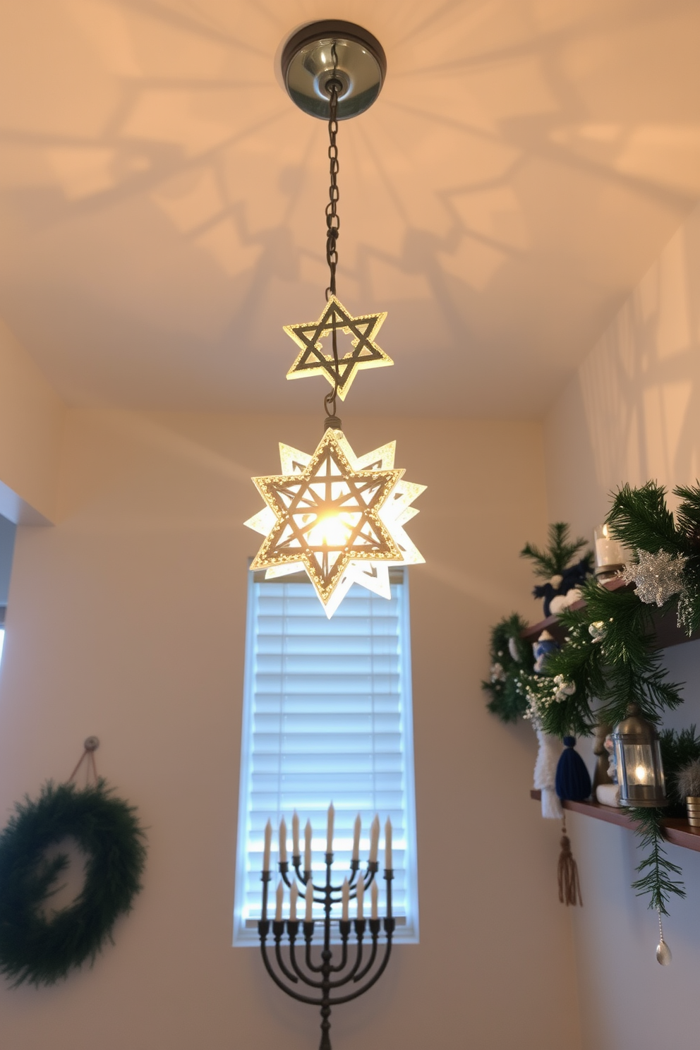 A creative light fixture featuring star shapes hangs from the ceiling, casting a warm and inviting glow throughout the room. The design incorporates intricate details, allowing the light to create beautiful patterns on the walls. In a small space, Hanukkah decorations are thoughtfully arranged to maximize visual impact without overwhelming the area. A mix of traditional and modern elements, such as a menorah and festive garlands, adds a joyful touch while maintaining a sophisticated aesthetic.