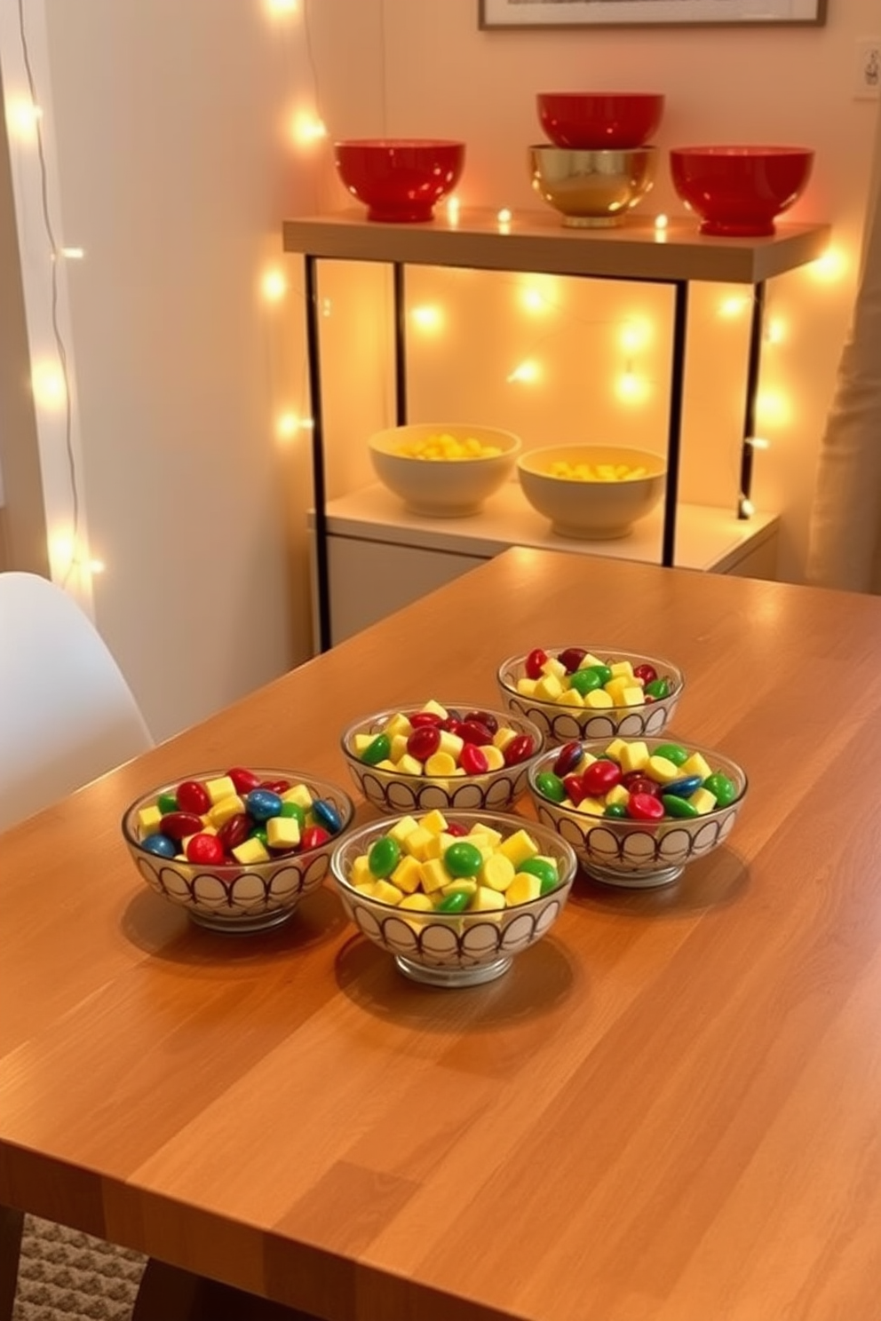 Decorative bowls filled with gelt candies are arranged on a sleek wooden table, creating a festive centerpiece. Soft, warm lighting enhances the vibrant colors of the candies, inviting guests to indulge in the holiday spirit. In a cozy corner, a small shelf displays additional bowls of gelt, complemented by twinkling string lights. The overall ambiance is cheerful and welcoming, perfect for celebrating Hanukkah in a limited space.