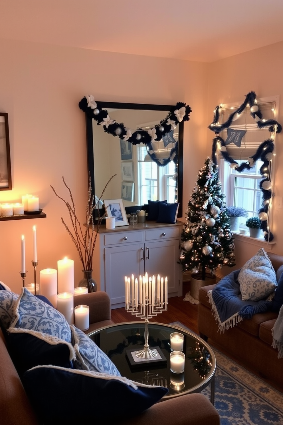 A cozy corner filled with seasonal scents emanating from beautifully arranged candles and diffusers. The warm glow of candlelight creates an inviting atmosphere, enhancing the festive spirit of the season. A small living area transformed for Hanukkah with simple yet elegant decorations. Blue and silver accents adorn the space, featuring a menorah on the coffee table and festive garlands draped gently across the walls.