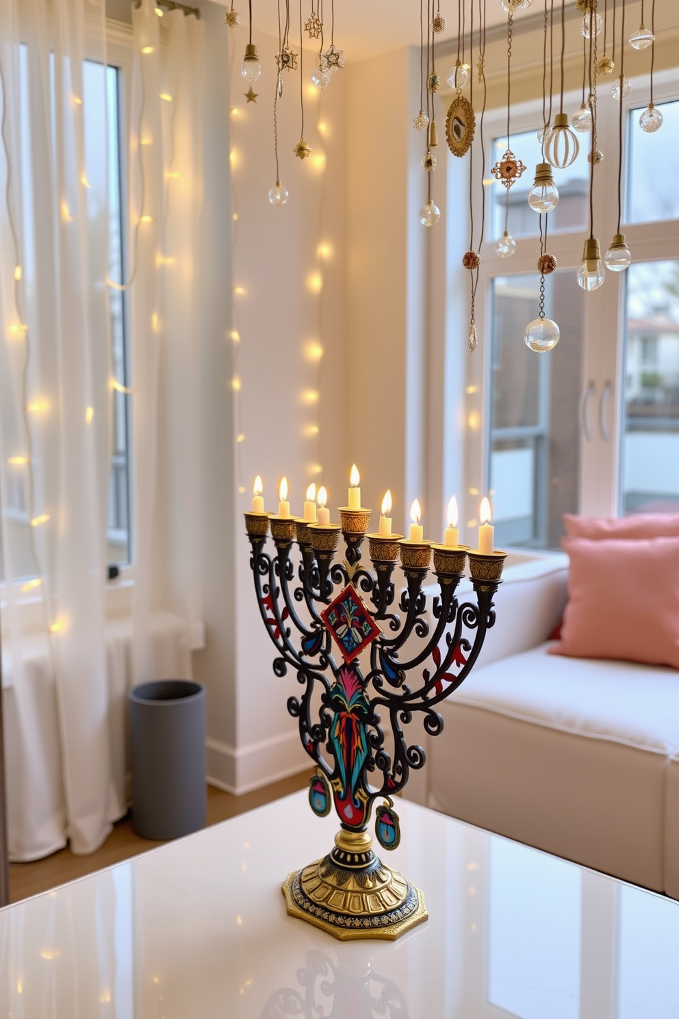 Artistic menorah as a focal point. The menorah is elegantly designed with intricate details and vibrant colors, placed on a sleek, modern table. Small space Hanukkah decorating ideas. Soft string lights are draped around the windows, creating a warm ambiance, while delicate ornaments are hung from the ceiling to enhance the festive atmosphere.