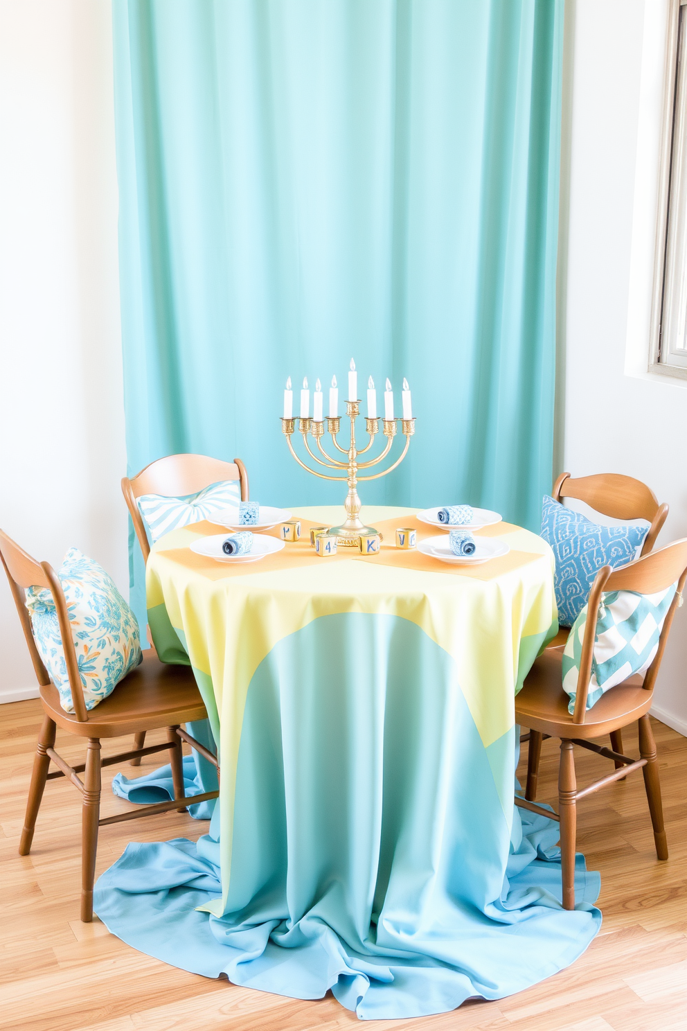 A brightly colored tablecloth drapes elegantly over a small dining table, adding a festive touch to the space. Surrounding the table are mismatched chairs, each adorned with cheerful cushions that enhance the vibrant atmosphere. For Hanukkah, the table is set with a menorah at the center, surrounded by decorative dreidels and small bowls of gelt. Soft blue and white accents complement the colorful tablecloth, creating a warm and inviting setting for celebration.