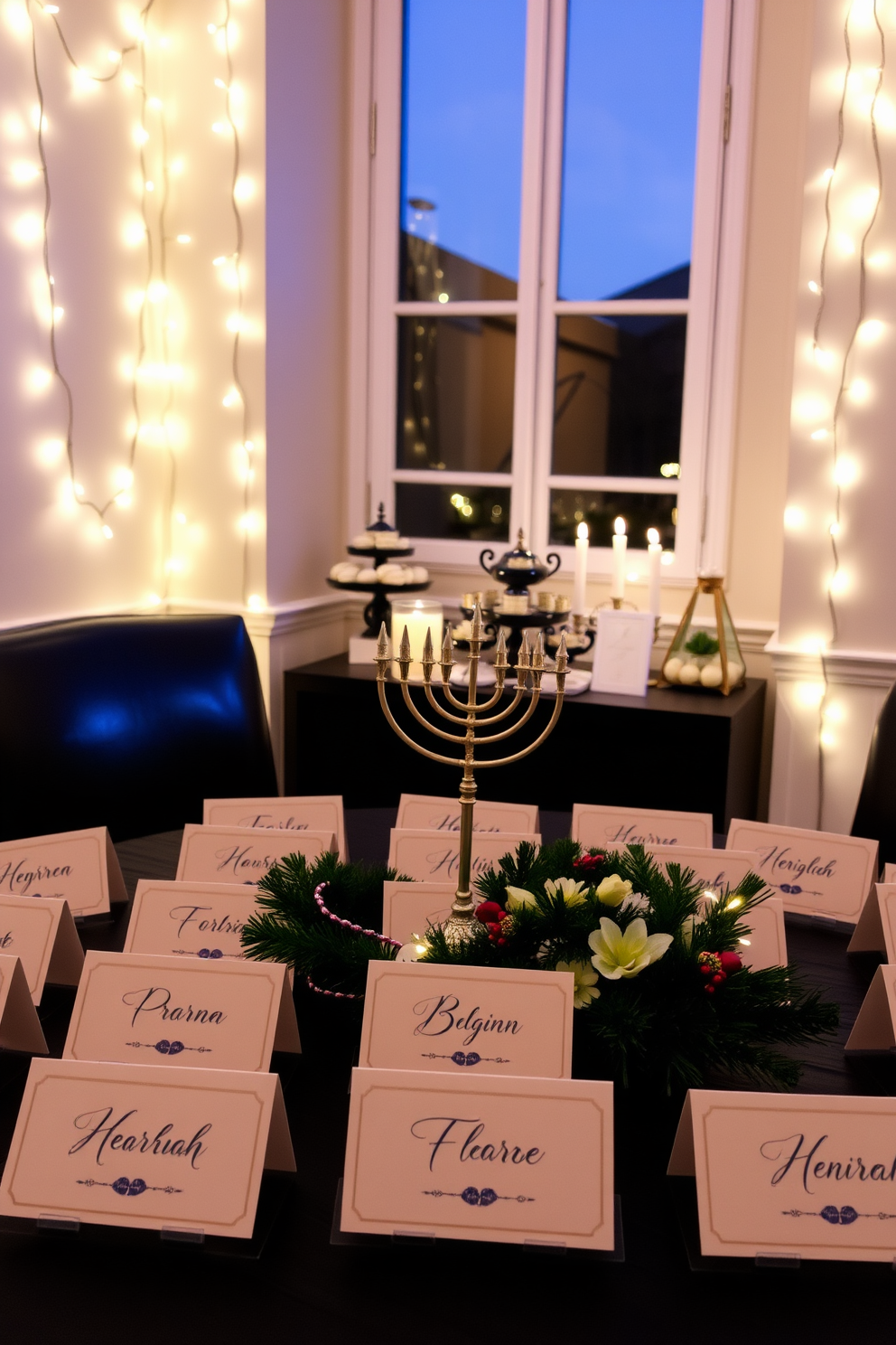 Personalized place cards for guests. Each card is elegantly designed with a calligraphic font and adorned with a small decorative element that reflects the theme of the event. Small Space Hanukkah Decorating Ideas. The room is filled with soft, warm lighting from string lights draped along the walls, creating a cozy atmosphere. A compact menorah sits on a beautifully set table, surrounded by festive decorations that maximize the limited space.