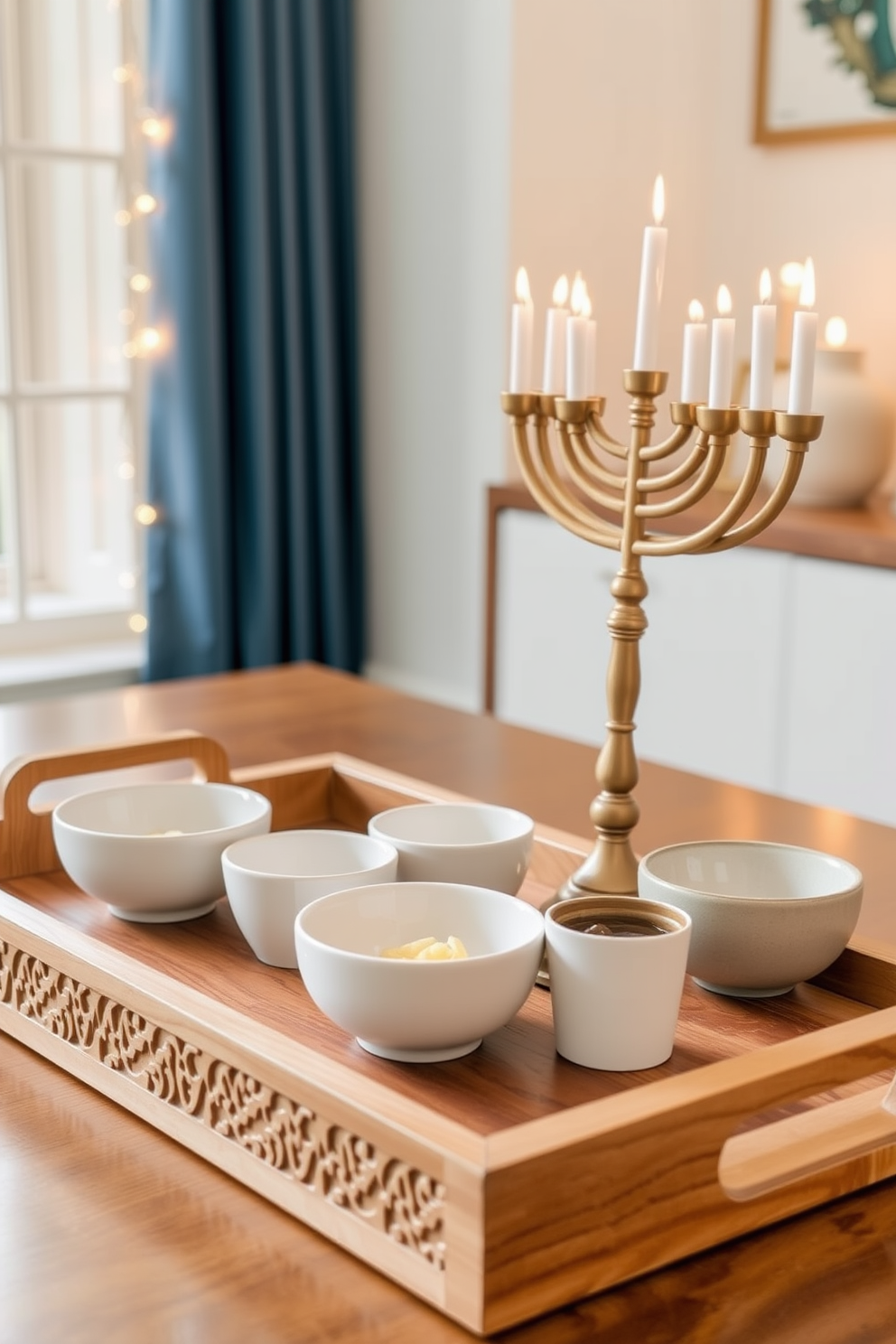 A stylish serving tray for snacks featuring a sleek design crafted from natural wood with intricate carvings. The tray is adorned with a set of elegant ceramic bowls in various sizes, perfect for serving an assortment of snacks. Small space Hanukkah decorating ideas that incorporate a blend of traditional and modern elements. Use string lights and decorative menorahs to create a warm ambiance while maximizing the available space.