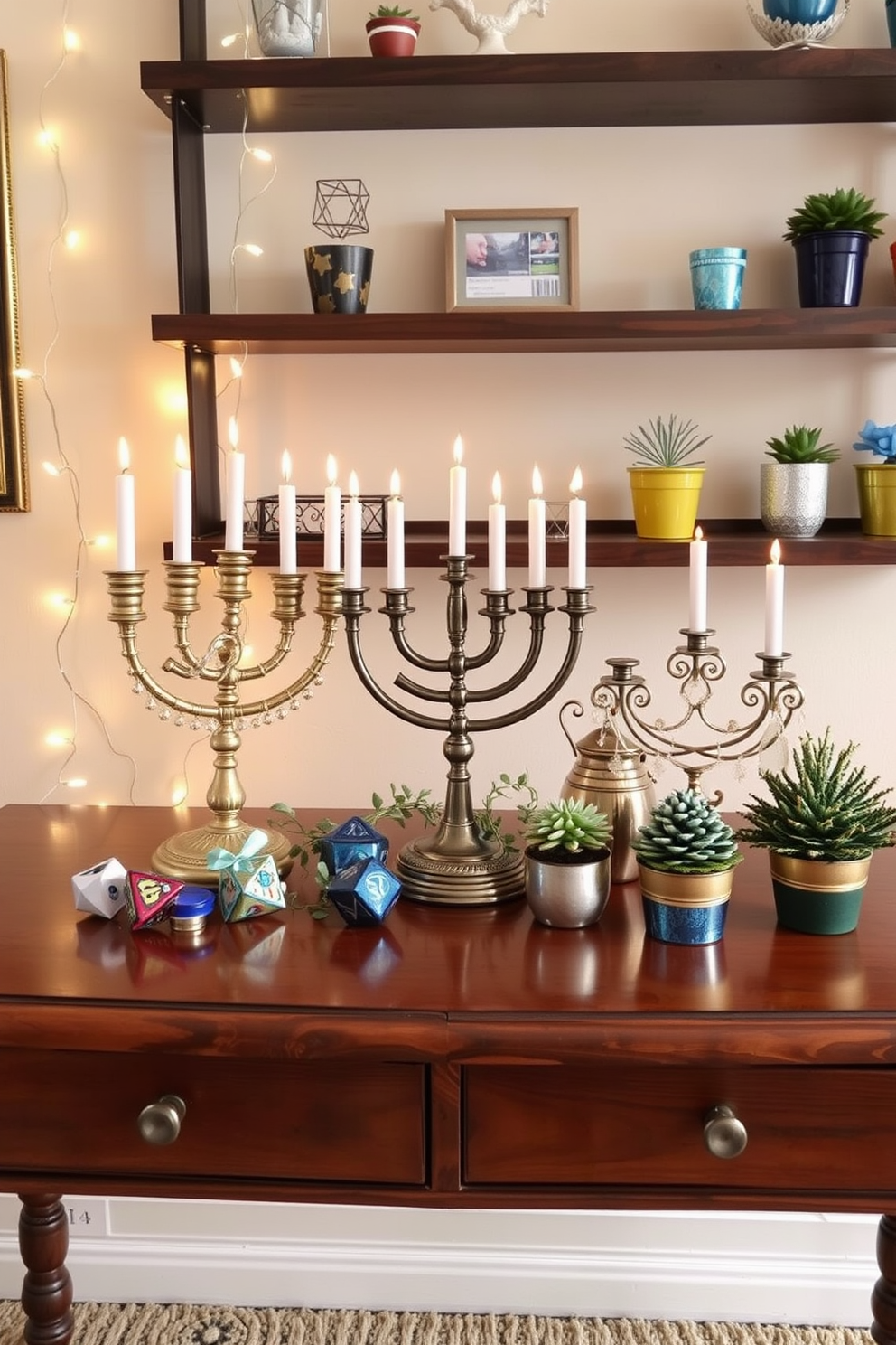 Vintage Hanukkah decorations are elegantly arranged on a wooden table. The display includes a beautifully crafted menorah, colorful dreidels, and traditional gelt, all set against a backdrop of soft white fairy lights. For small space Hanukkah decorating ideas, consider using wall-mounted shelves to showcase festive items. Incorporate compact decorative pieces like miniature menorahs and small potted plants adorned with blue and silver accents.