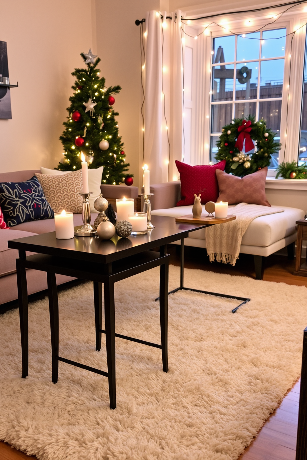 A cozy living room adorned with layered rugs in various textures and colors. The base rug is a soft neutral tone while a smaller, vibrant patterned rug sits atop, creating visual interest and warmth. A festive small space decorated for Hanukkah with a beautifully lit menorah on a coffee table. Blue and silver accents are scattered throughout, including decorative pillows and a small table draped with a festive tablecloth.