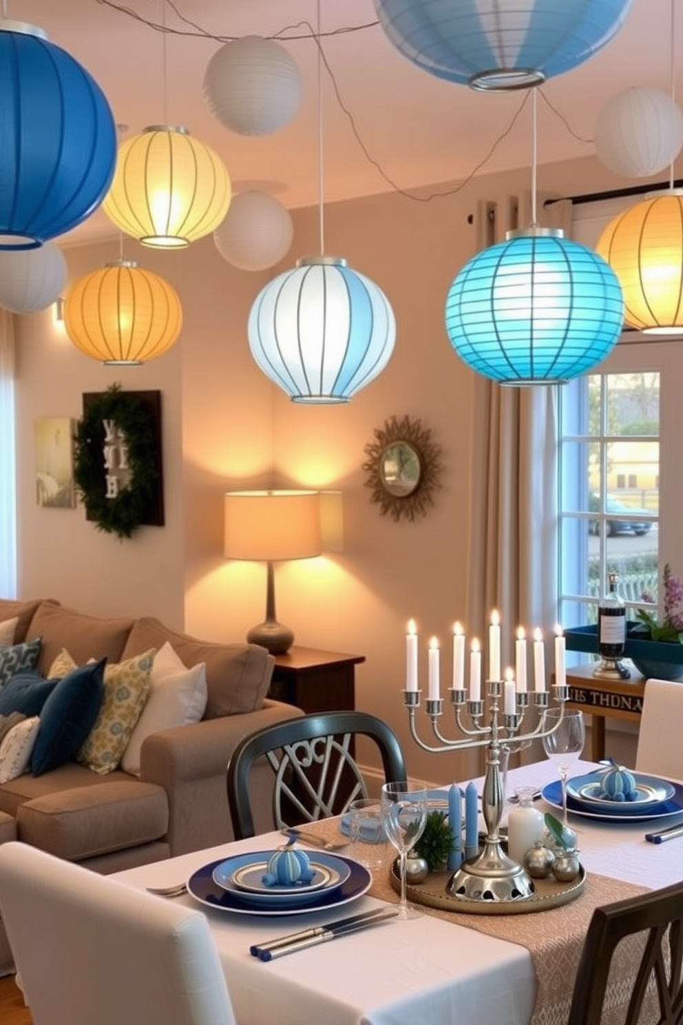 A cozy living room adorned with hanging paper lanterns that softly illuminate the space. The lanterns, in various sizes and colors, create a warm and inviting atmosphere perfect for gatherings. A small dining area beautifully decorated for Hanukkah, featuring a menorah as the centerpiece. Surrounding the table are festive accents, such as blue and silver tableware, and tasteful decorations that celebrate the holiday spirit.