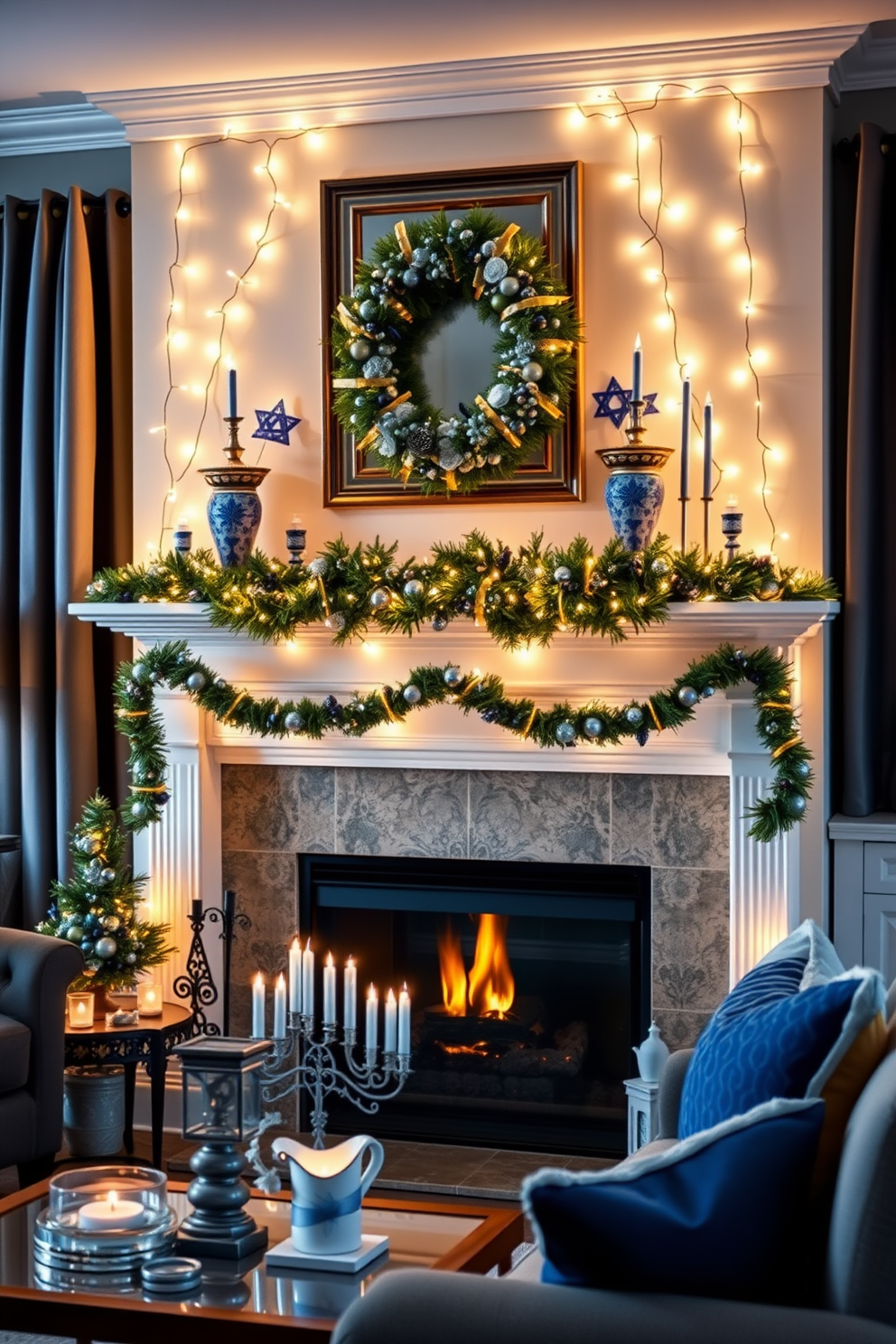 A cozy living room adorned for Hanukkah features a beautifully decorated mantelpiece draped with twinkling string lights that create a warm and inviting atmosphere. The space is filled with thoughtful small decorations, including menorahs and festive blue and silver accents that enhance the holiday spirit.