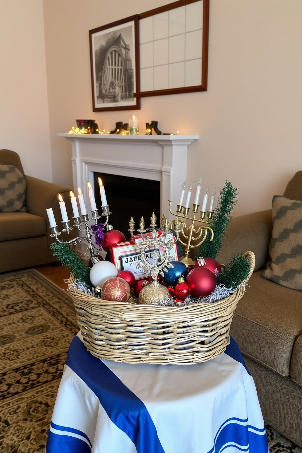 A cozy living area featuring a decorative basket filled with holiday items such as menorahs and festive ornaments. The space is adorned with soft lighting and a small table draped in a blue and white tablecloth, creating a warm and inviting atmosphere for Hanukkah celebrations.