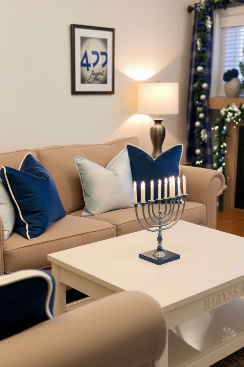 A cozy living room features a comfortable sofa adorned with blue and white pillows that add a touch of elegance. The decor is complemented by festive elements that celebrate Hanukkah, such as a menorah on the coffee table and garlands of blue and silver. The space is thoughtfully arranged to maximize comfort while maintaining a stylish appearance. Soft lighting enhances the ambiance, creating a warm and inviting atmosphere for gatherings during the holiday season.