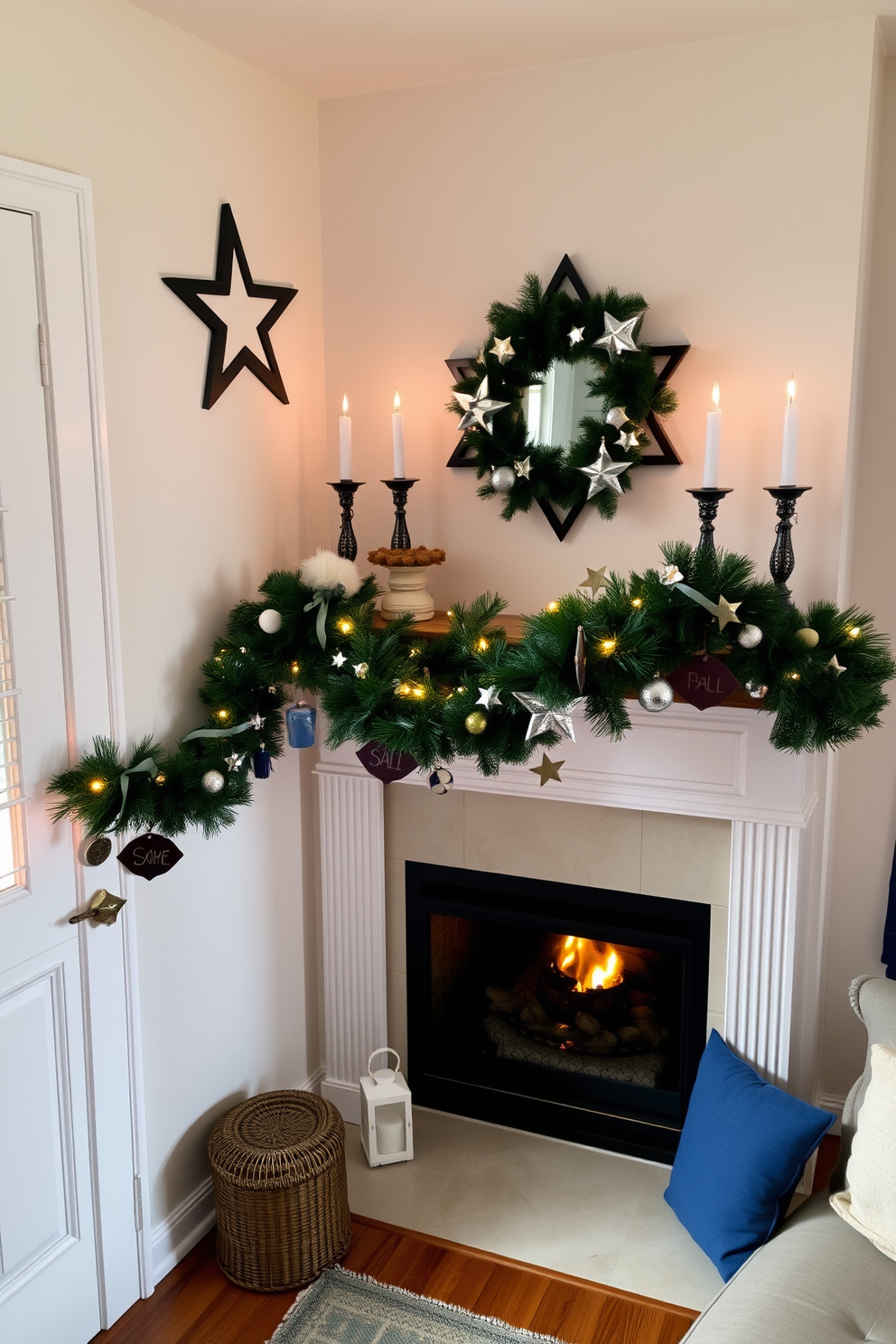 A cozy living room corner featuring wall-mounted shelves elegantly displaying a menorah. The shelves are adorned with festive decorations, including blue and silver ornaments, creating a warm atmosphere for Hanukkah celebrations.