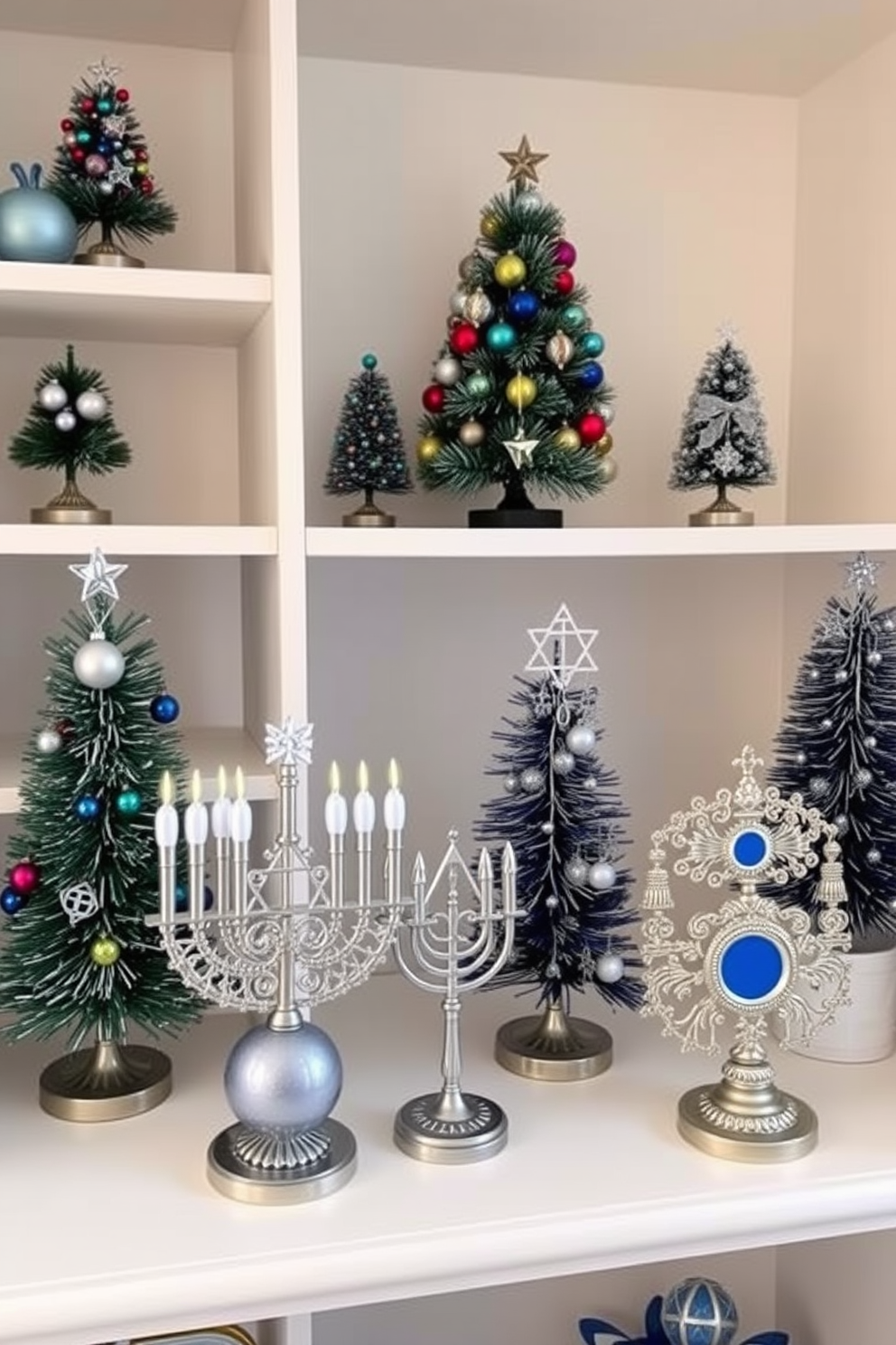 Miniature trees adorned with colorful ornaments are placed on various shelves throughout the room. Each tree is uniquely decorated, adding a festive touch to the small space while maintaining a cozy atmosphere. Creative Hanukkah decorations enhance the ambiance, featuring elegant blue and silver accents. Thoughtfully arranged menorahs and dreidels complement the miniature trees, creating a harmonious holiday display.