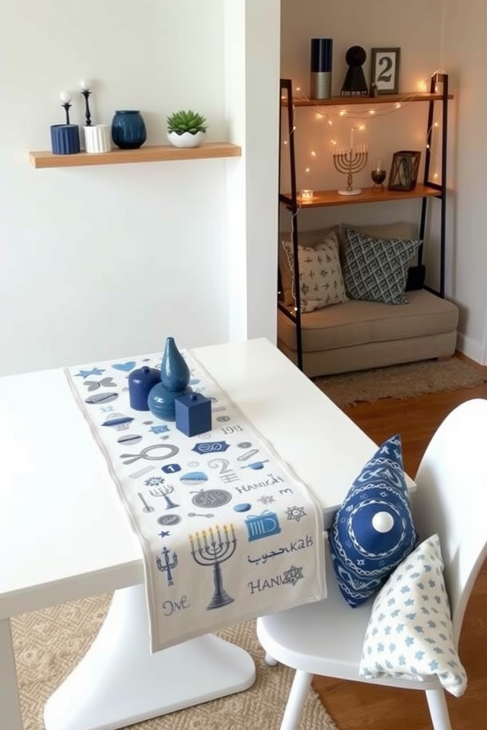 Create a cozy and inviting small living room decorated for Hanukkah. The walls are adorned with framed family photos featuring Hanukkah celebrations, showcasing warm memories and traditions. In one corner, a small menorah is placed on a side table, surrounded by blue and silver accents. Soft lighting from string lights adds a festive glow, enhancing the overall warmth of the space.