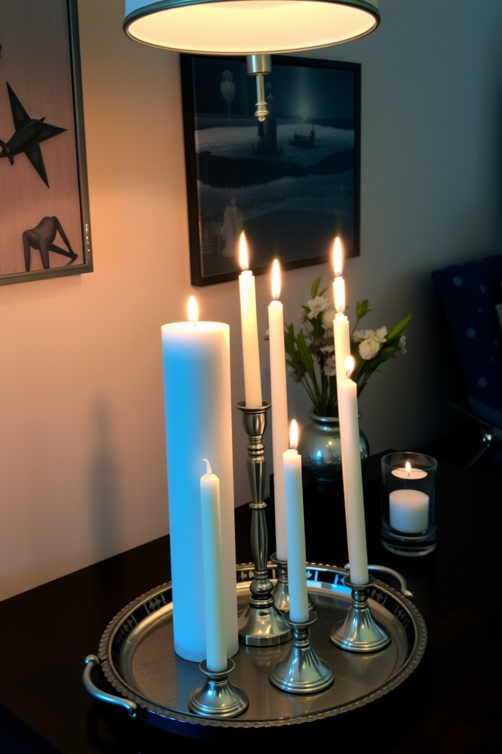 A cozy small space decorated for Hanukkah features layered candles of varied heights placed on a decorative tray. The soft glow of the flames creates a warm ambiance, complemented by subtle blue and silver accents throughout the room.