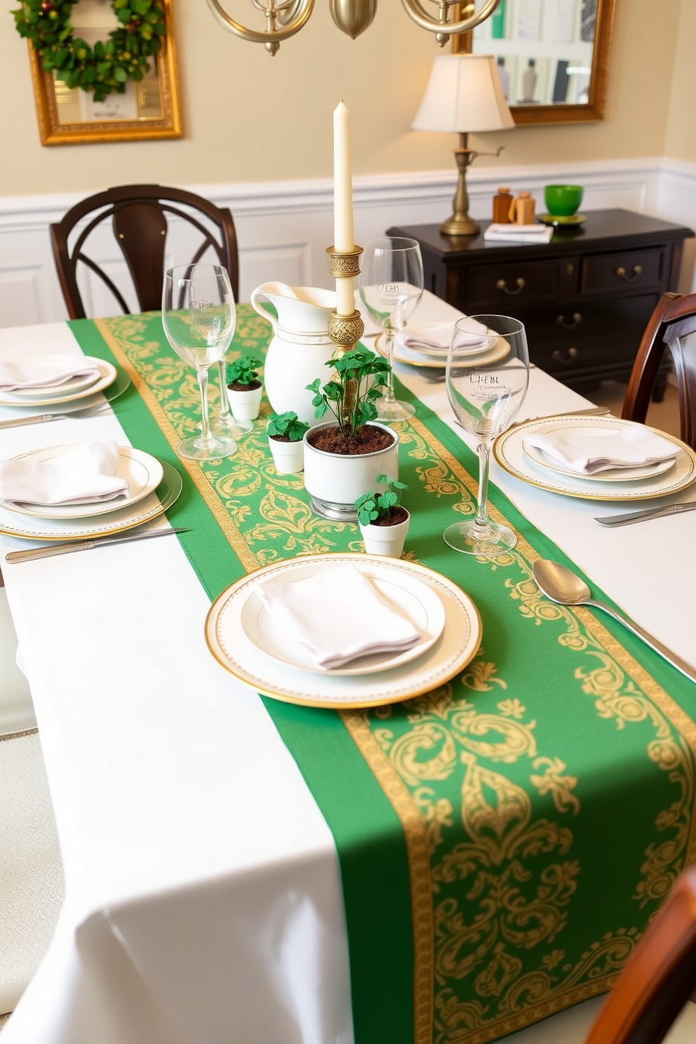 A charming dining table adorned with a green and gold table runner that reflects the spirit of St. Patrick's Day. The table is set with elegant white dinnerware, and small potted shamrocks are placed at each setting for a festive touch.