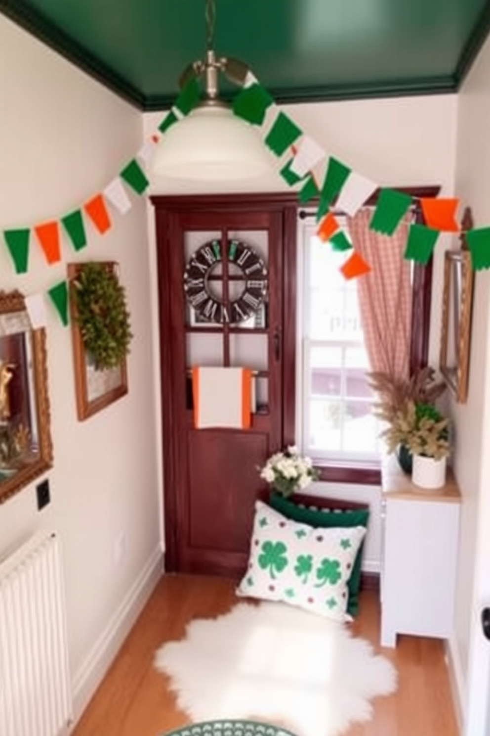 A charming small space decorated for St. Patrick's Day features Irish flag bunting draped elegantly across the room. The vibrant green, white, and orange flags add a festive touch while complementing the cozy atmosphere.