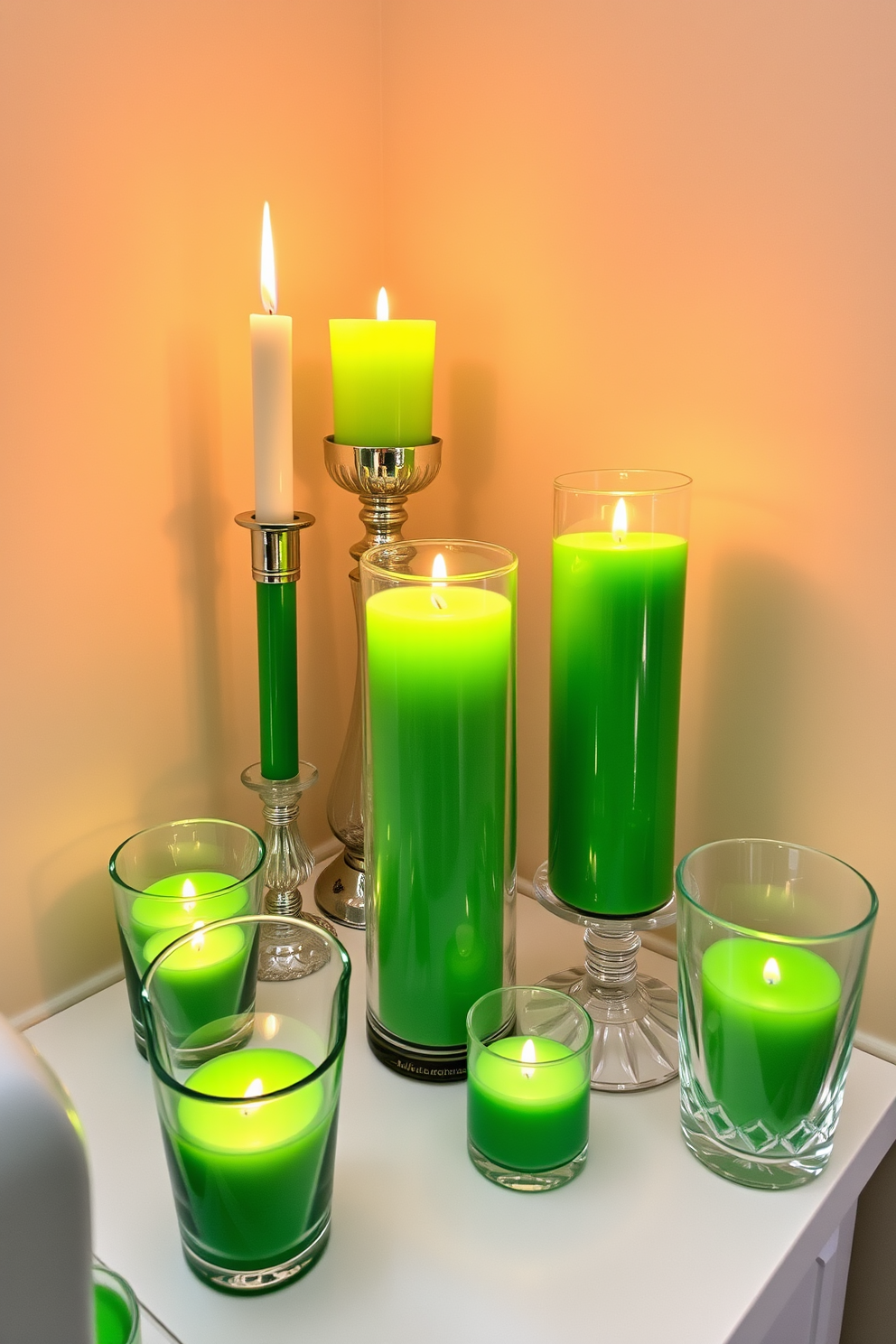 A cozy corner featuring green candles in decorative holders that add a touch of warmth and festivity. The holders are made of elegant glass, reflecting the flickering candlelight, creating an inviting atmosphere perfect for St. Patrick's Day celebrations.