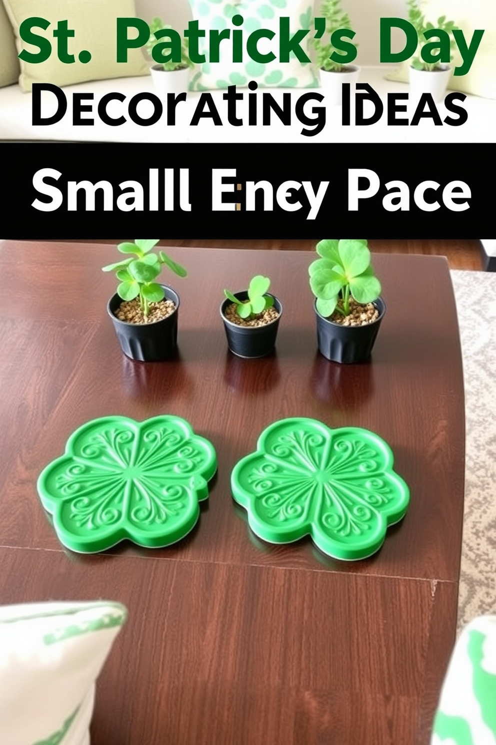 Shamrock-shaped coasters are placed on a sleek coffee table made of dark wood. The coasters are vibrant green and feature intricate designs, adding a festive touch to the living space. For small space St. Patrick's Day decorating ideas, a minimalist approach is taken with light green accents throughout the room. A few potted shamrock plants are strategically positioned to enhance the holiday spirit without overwhelming the limited space.