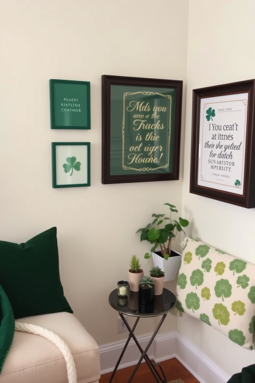 A cozy small space decorated for St. Patrick's Day features string lights shaped like shamrocks, creating a whimsical atmosphere. The lights are draped across a wall, illuminating the room with a soft green glow that enhances the festive spirit.